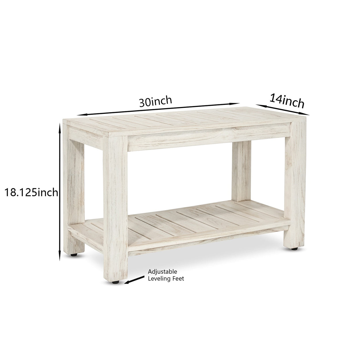 Danica teak shower bench dimensions 30 x 14 x 18.125 inches with adjustable leveling feet
