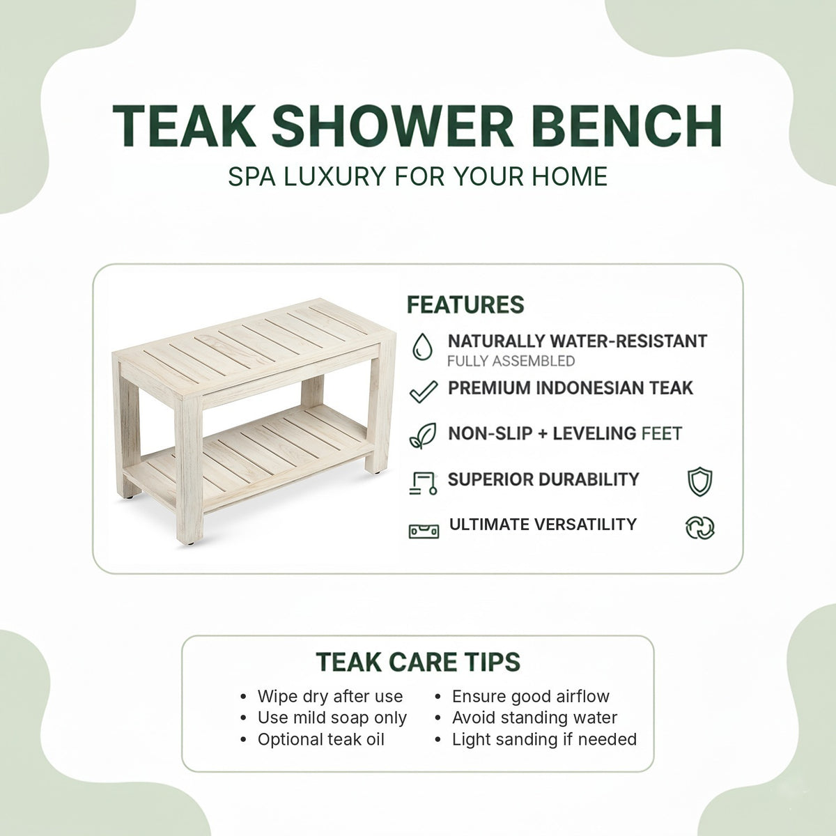 Danica teak shower bench features and teak care tips