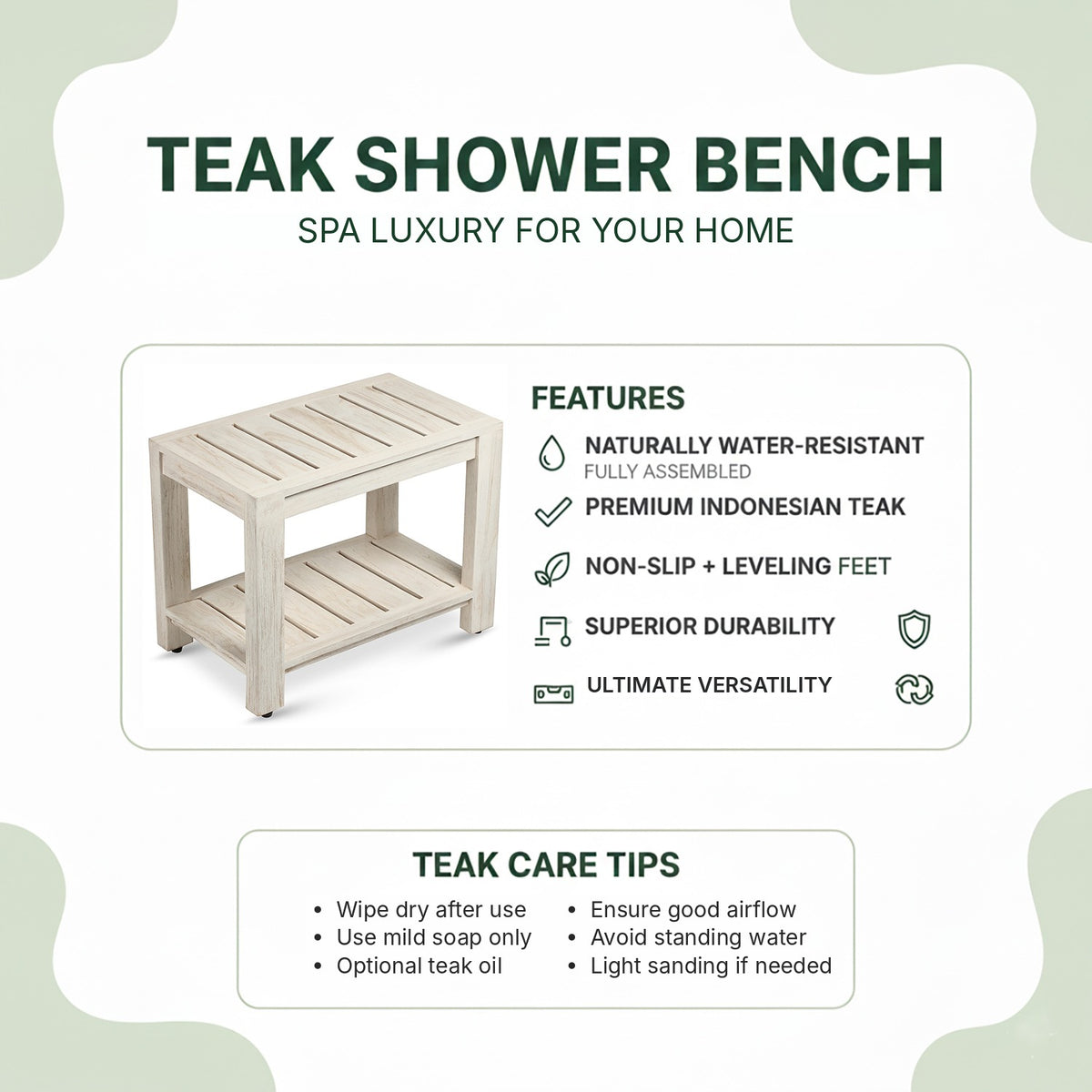 Elera teak shower bench features and teak care tips