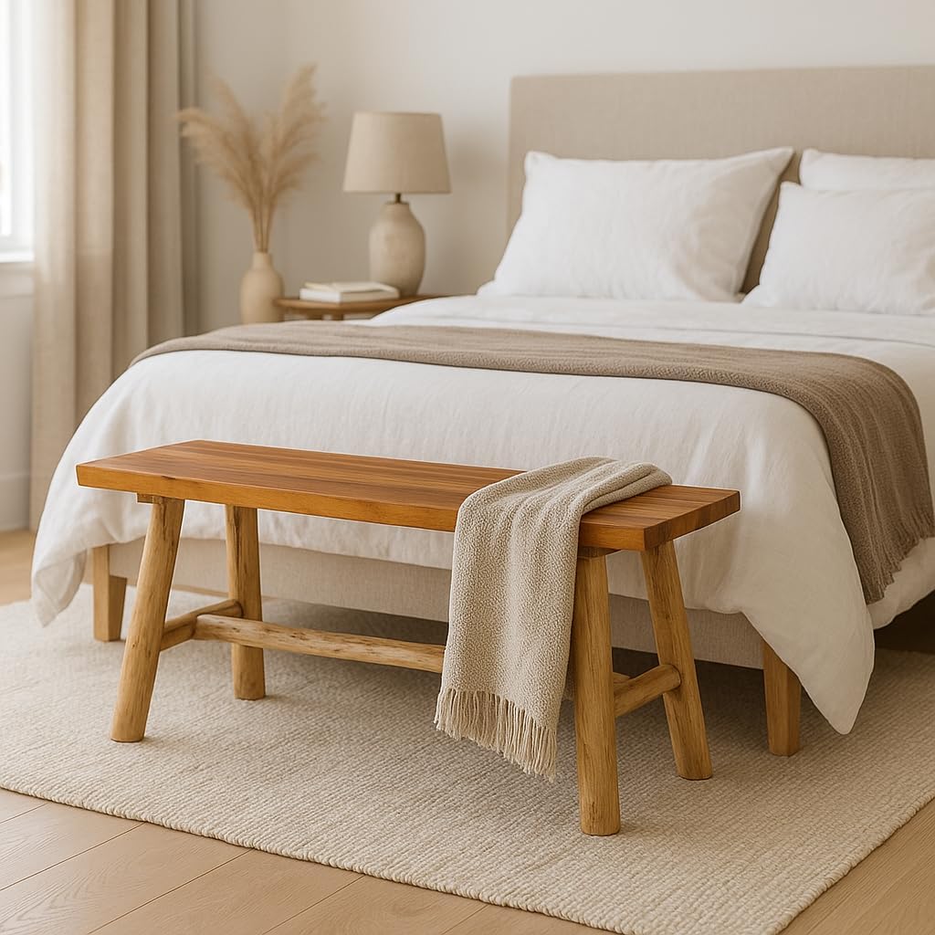 Teak Wood Bench – Indoor & Outdoor Bench for Entryway, Patio & Living Room – Rustic Farmhouse & Modern Accent Furniture, Easy Assembly, The Capella