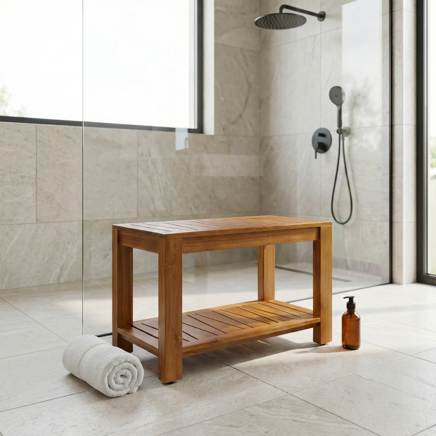TeakCraft Teak Shower Bench with Storage Shelf, 30 inch, Handmade Solid Indonesian Teak Wood Bath Stool, Indoor Outdoor, The Botein