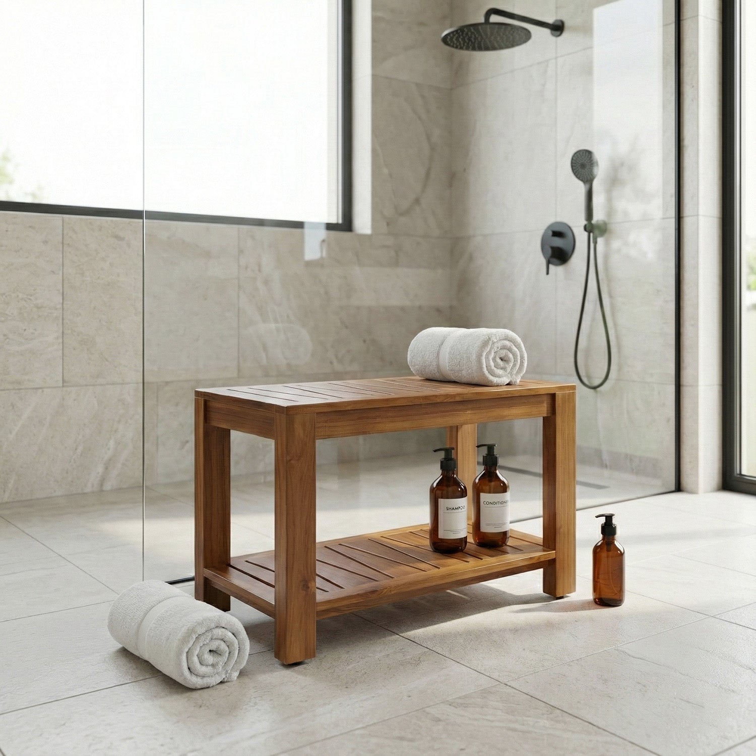 TeakCraft Teak Shower Bench with Storage Shelf, 30 inch, Handmade Solid Indonesian Teak Wood Bath Stool, Indoor Outdoor, The Botein