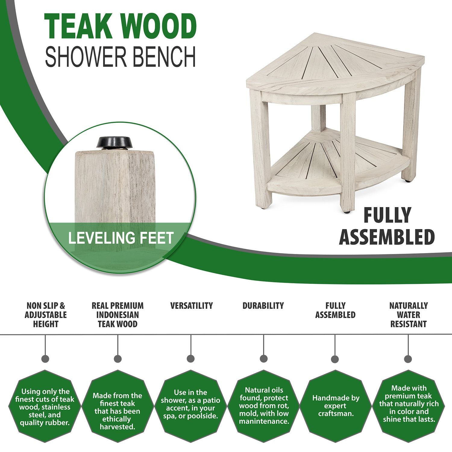 The COSIMA, Teak Corner Shower Bench, Rustic Gray Finish, 16 inch