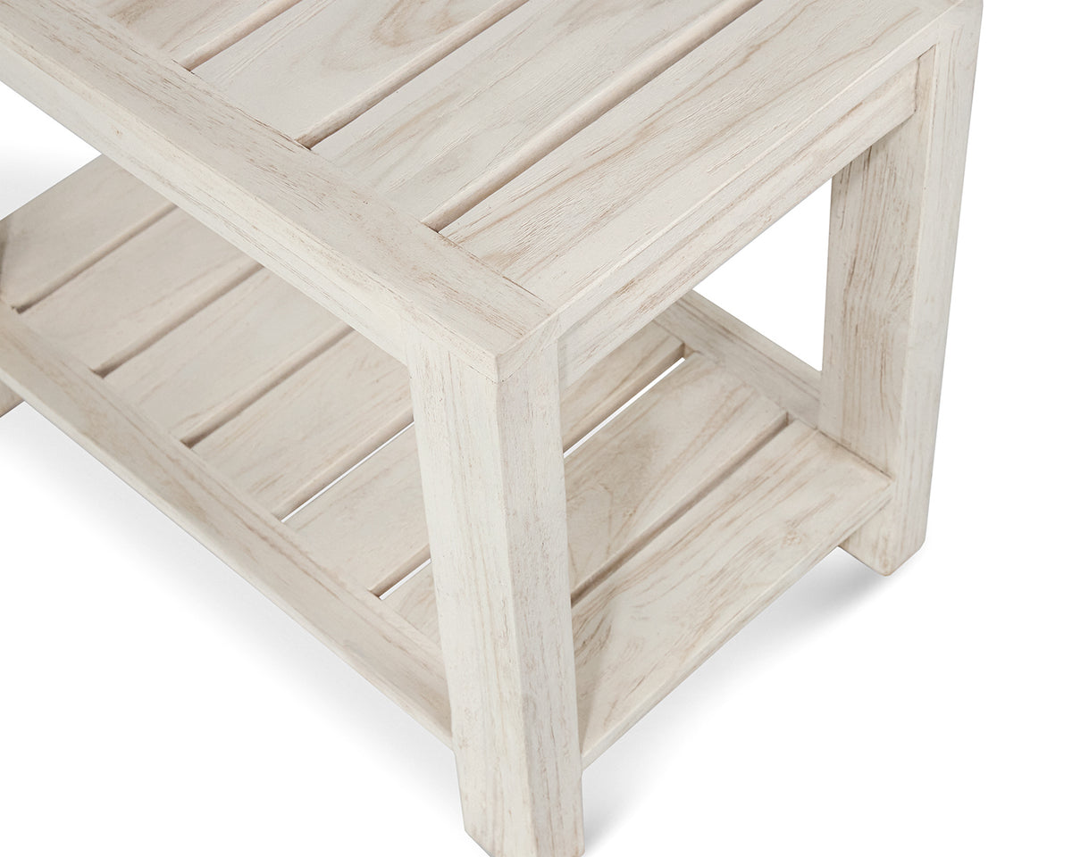 Elera solid teak leg and shelf detail in rustic gray finish