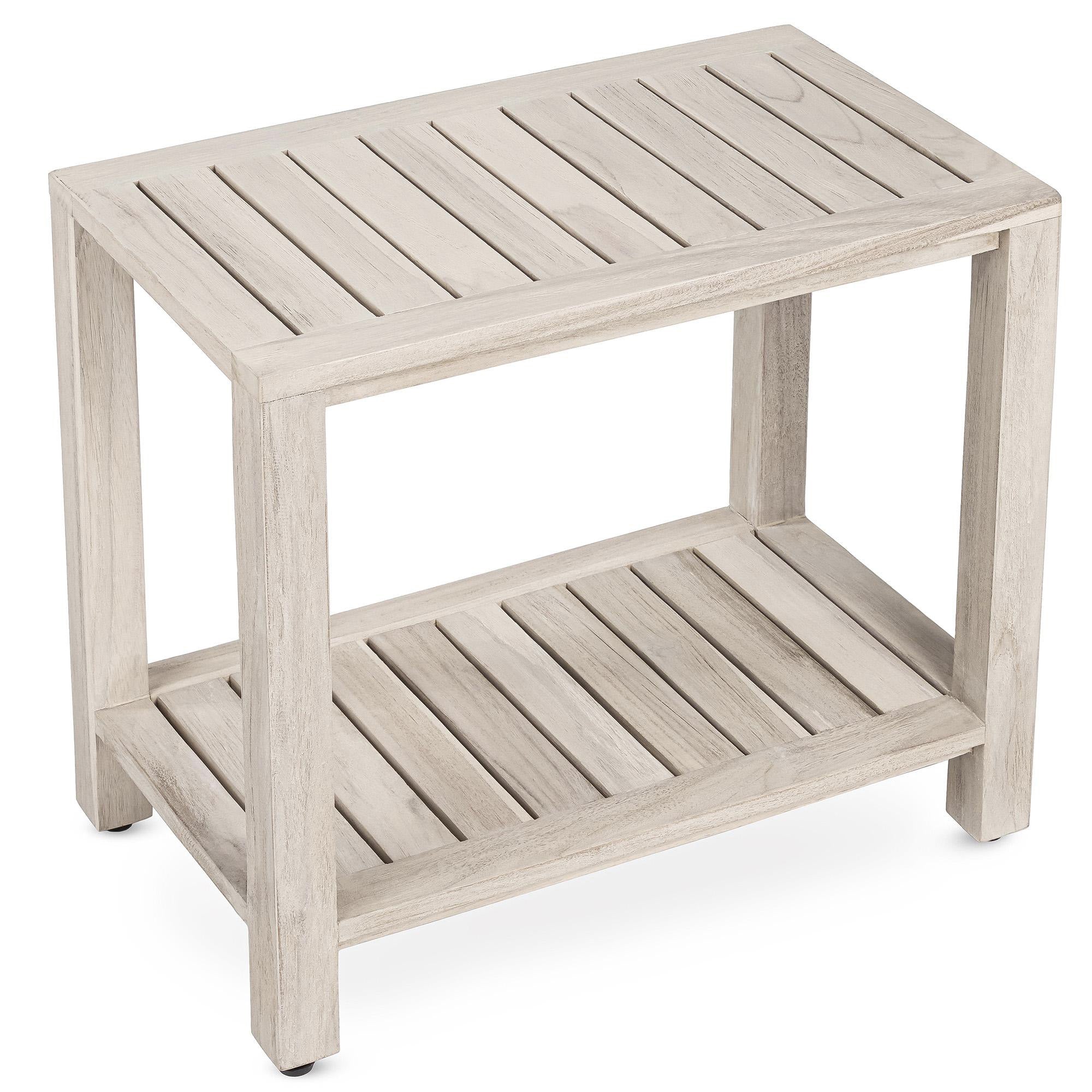 The ELISA, Teak Shower Bench, Teak Shower Stool, 21 Inch, Rustic Gray Finish