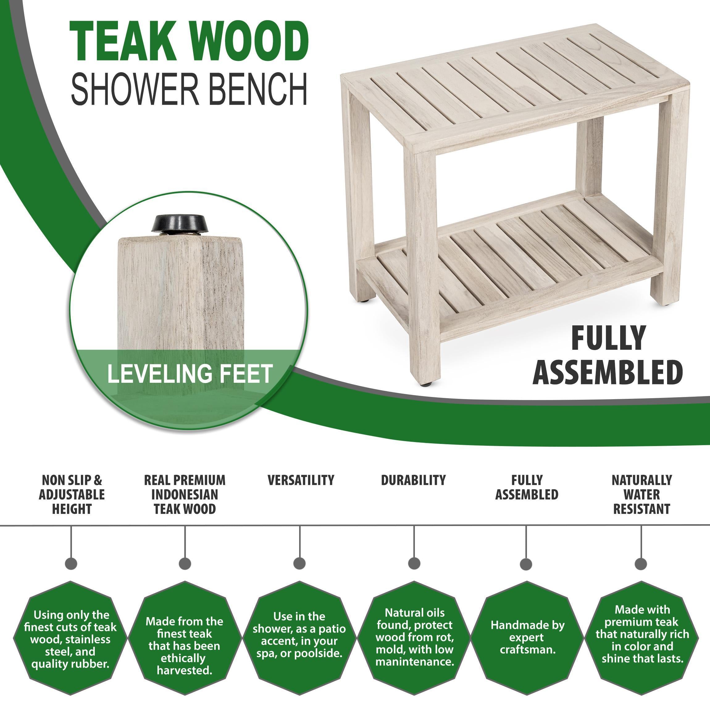 The ELISA, Teak Shower Bench, Teak Shower Stool, 21 Inch, Rustic Gray Finish