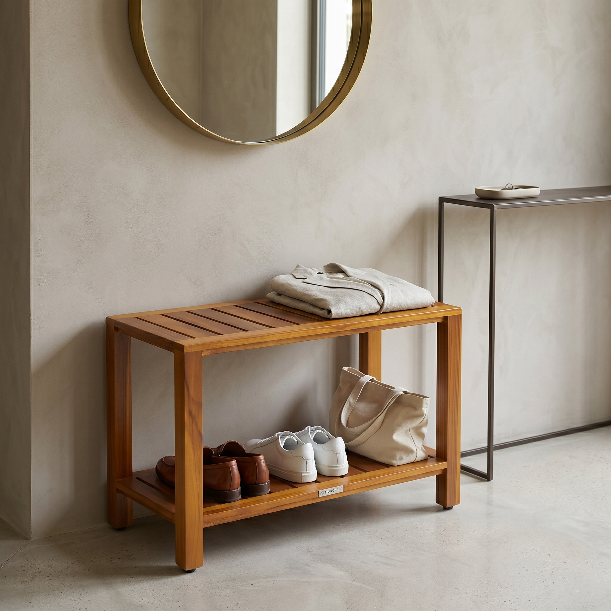 The Eske — 24" Teak Shower Bench with Storage Shelf