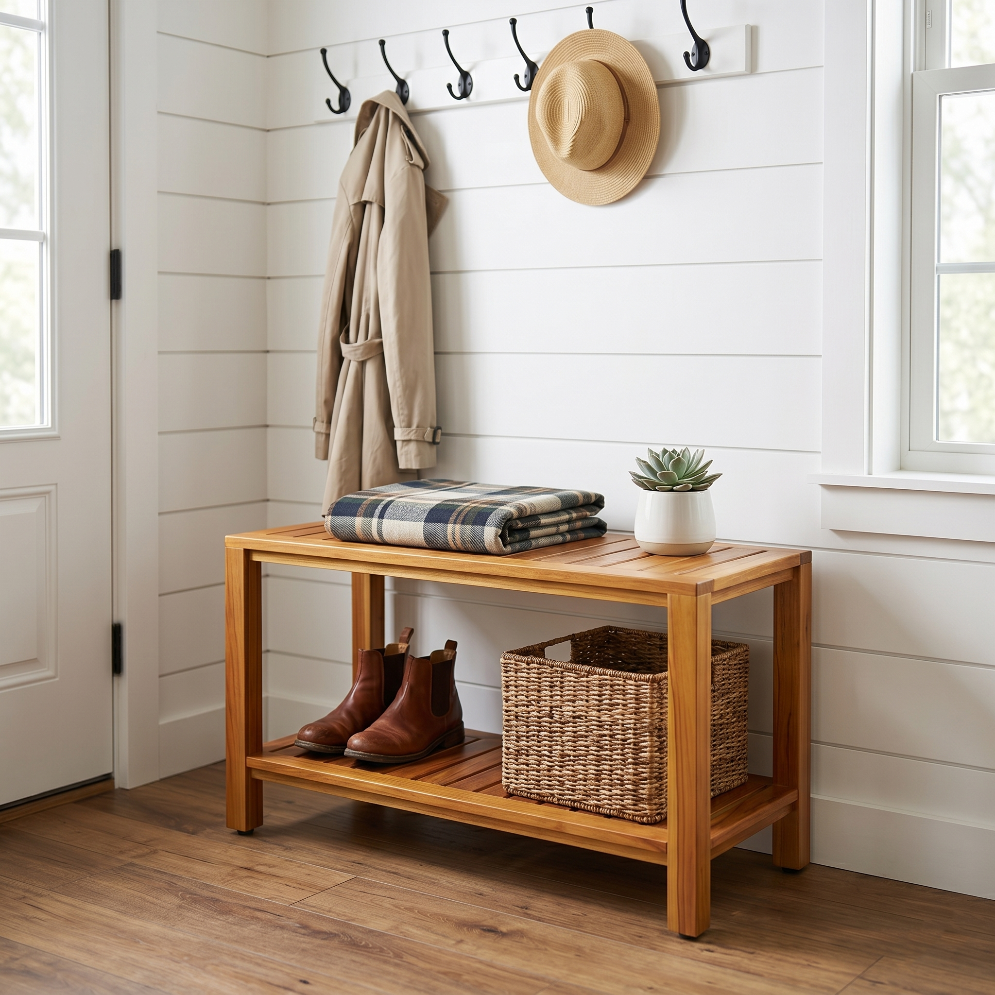The Freya — 30" Teak Shower Bench with Storage Shelf