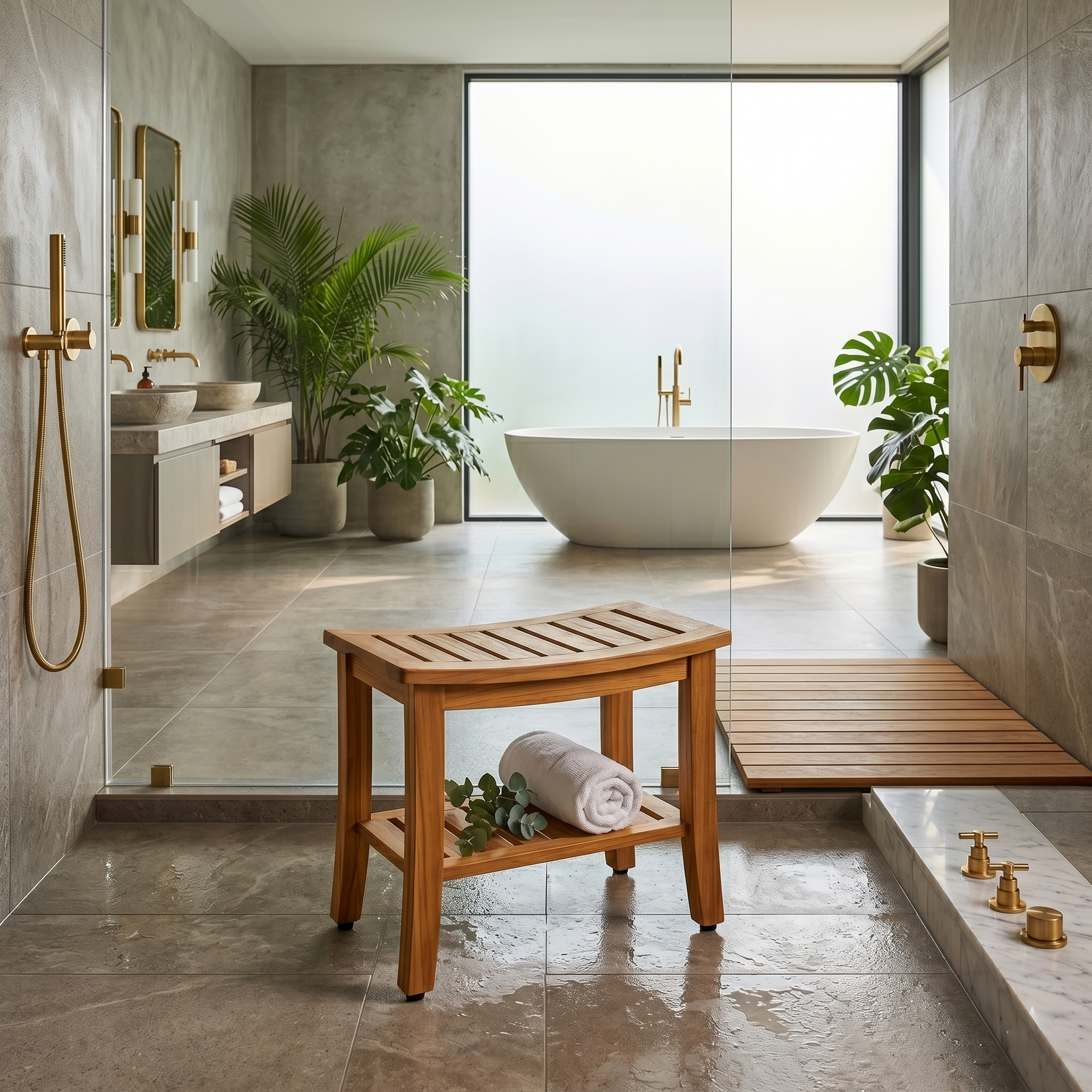 The Hermod — 21" Teak Shower Bench with Storage Shelf