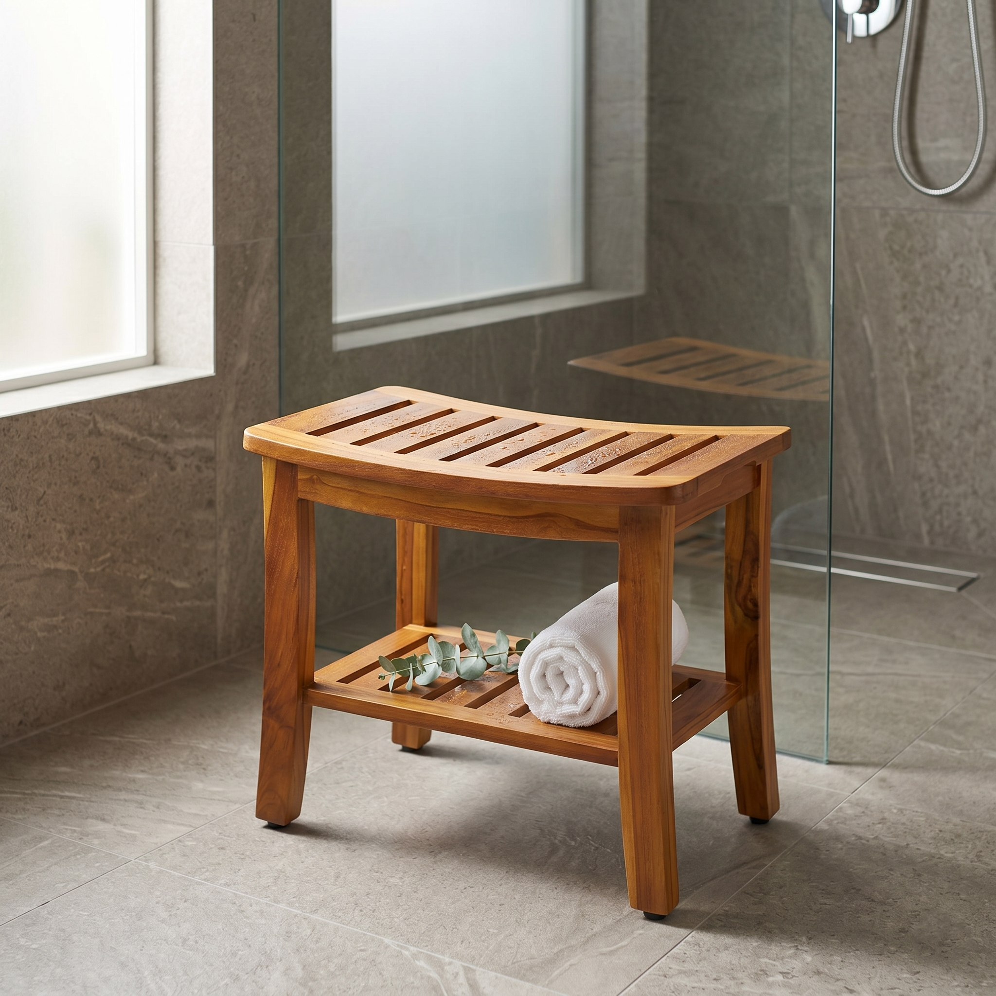 The Hermod — 21" Teak Shower Bench with Storage Shelf