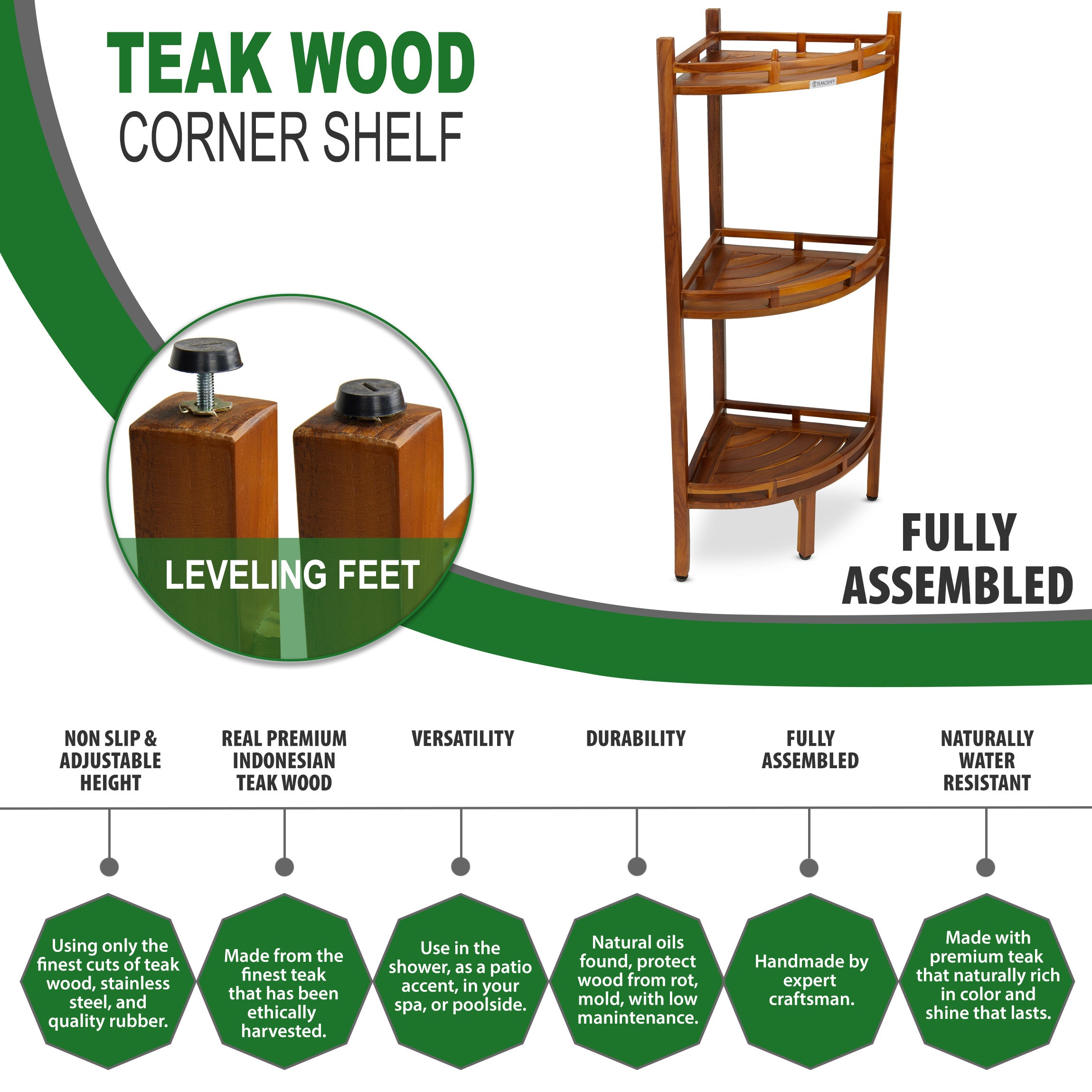 Teak Corner Shower Shelf, 3 Tier, 14Wx14Lx39.5H inches, Fully Assembled, The OM