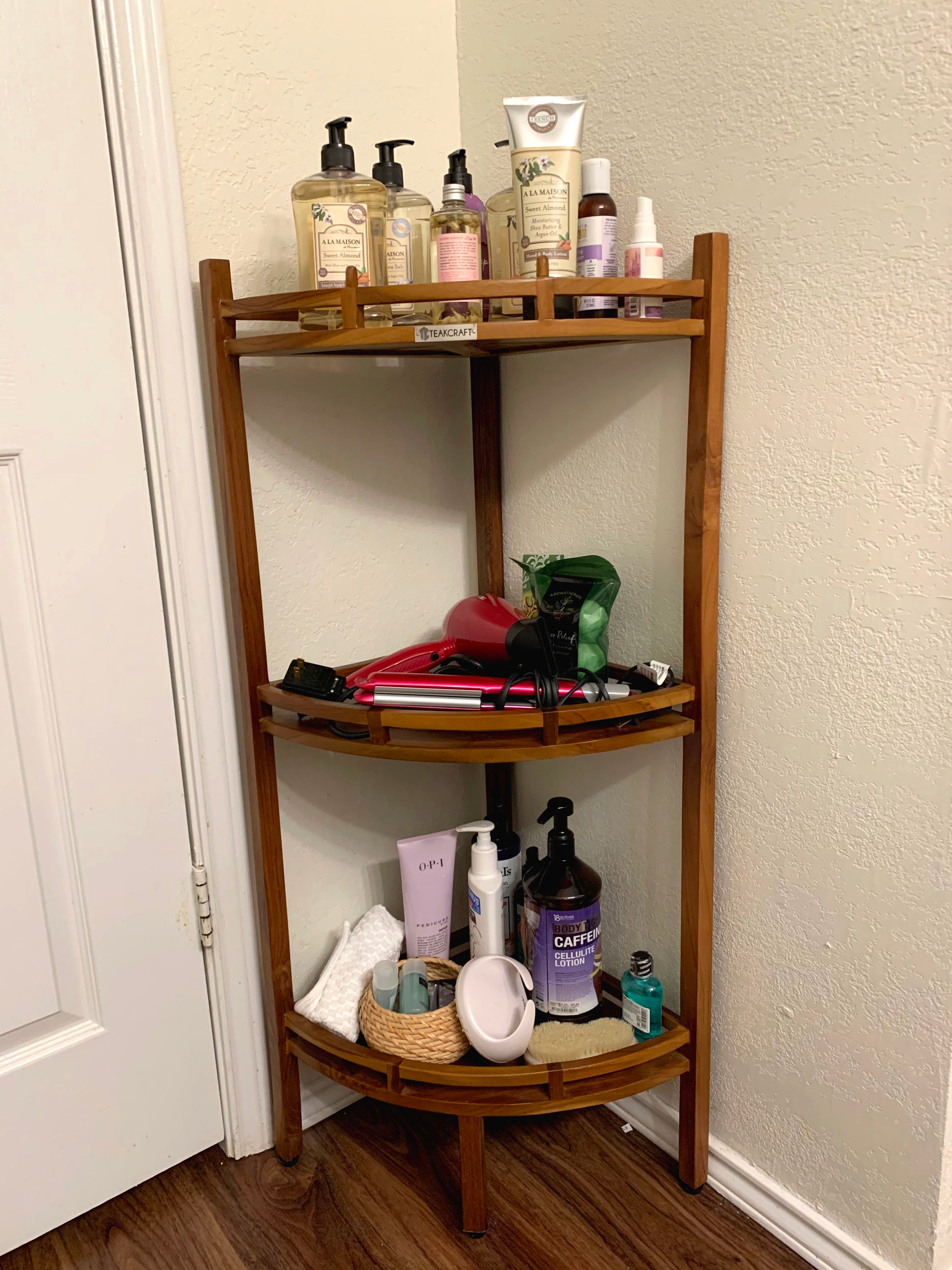 Teak Corner Shower Shelf, 3 Tier, 14Wx14Lx39.5H inches, Fully Assembled, The OM