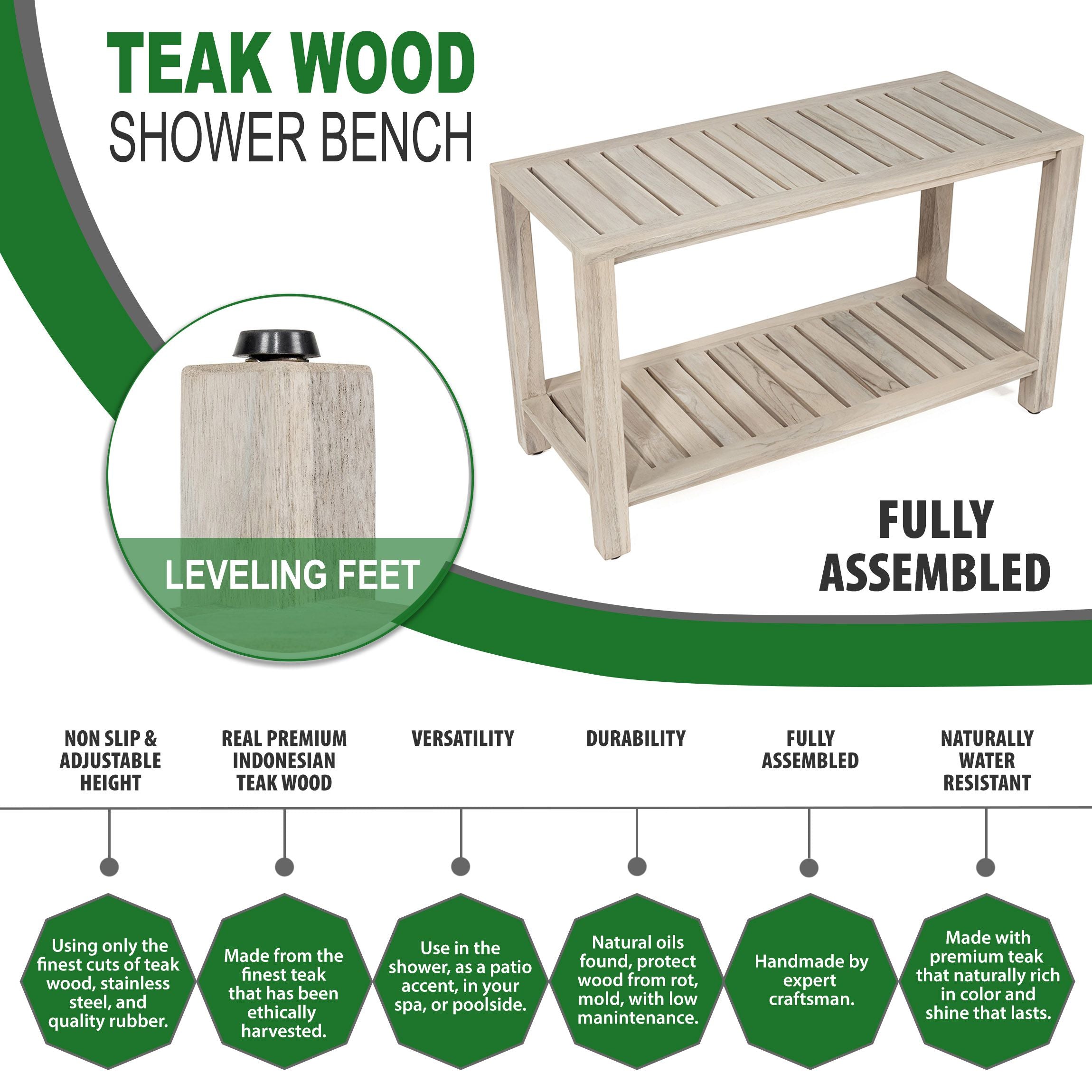 The RICINA, Teak Shower Bench, Teak Shower Stool, 30 Inch, Rustic Gray Finish