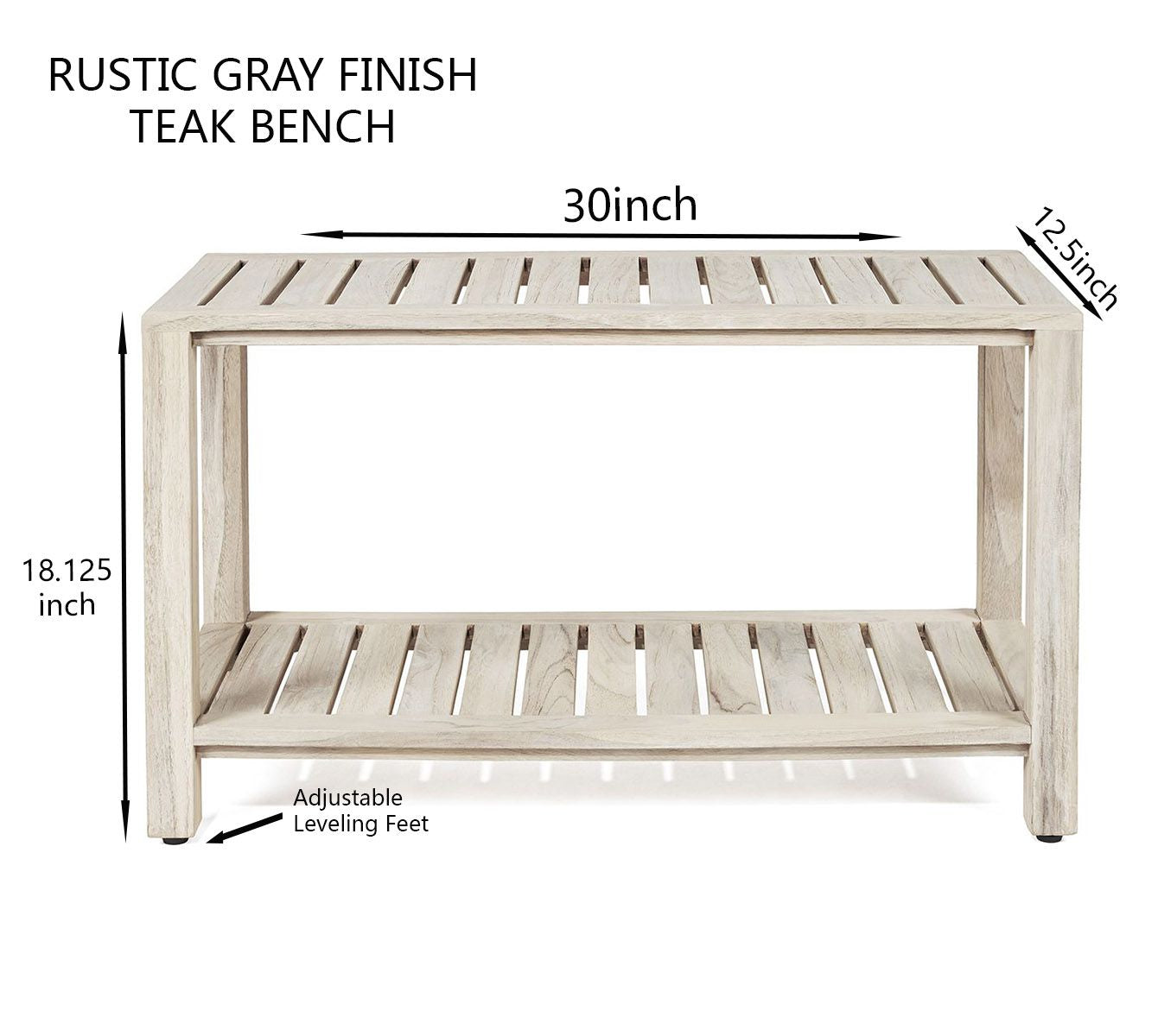 The RICINA, Teak Shower Bench, Teak Shower Stool, 30 Inch, Rustic Gray Finish