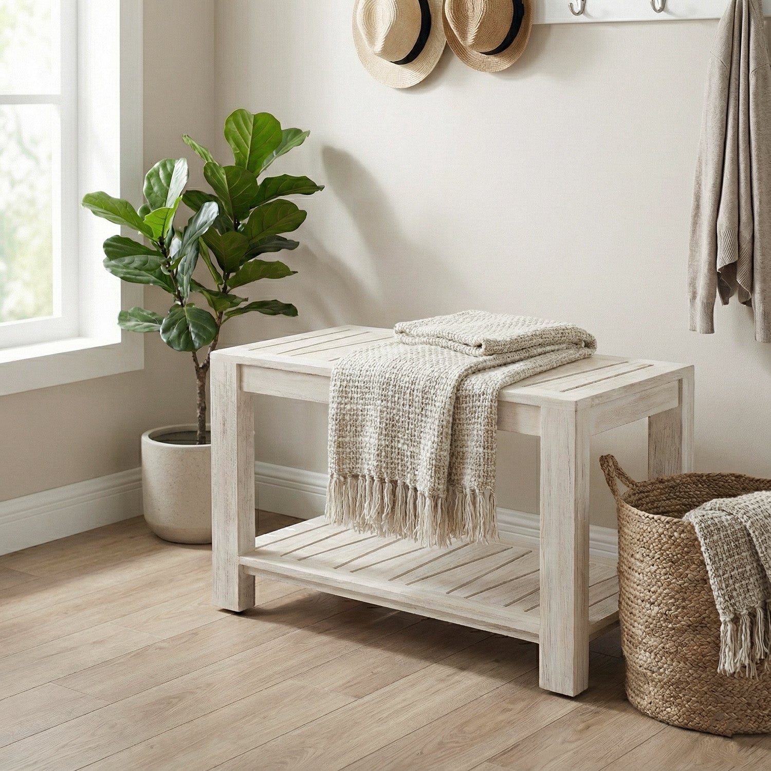 TeakCraft Teak Shower Bench with Storage Shelf, 30 inch, Rustic Grey Handmade Solid Indonesian Teak Wood Bath Stool, Indoor Outdoor, The Sitara