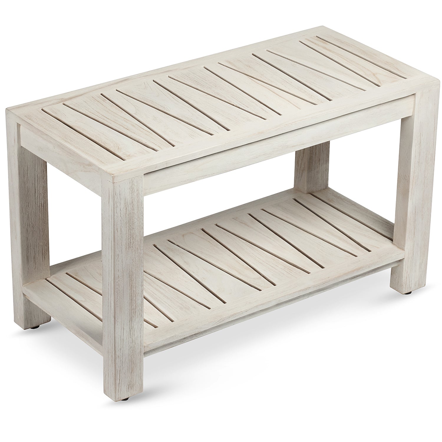 TeakCraft Teak Shower Bench with Storage Shelf, 30 inch, Rustic Grey Handmade Solid Indonesian Teak Wood Bath Stool, Indoor Outdoor, The Sitara