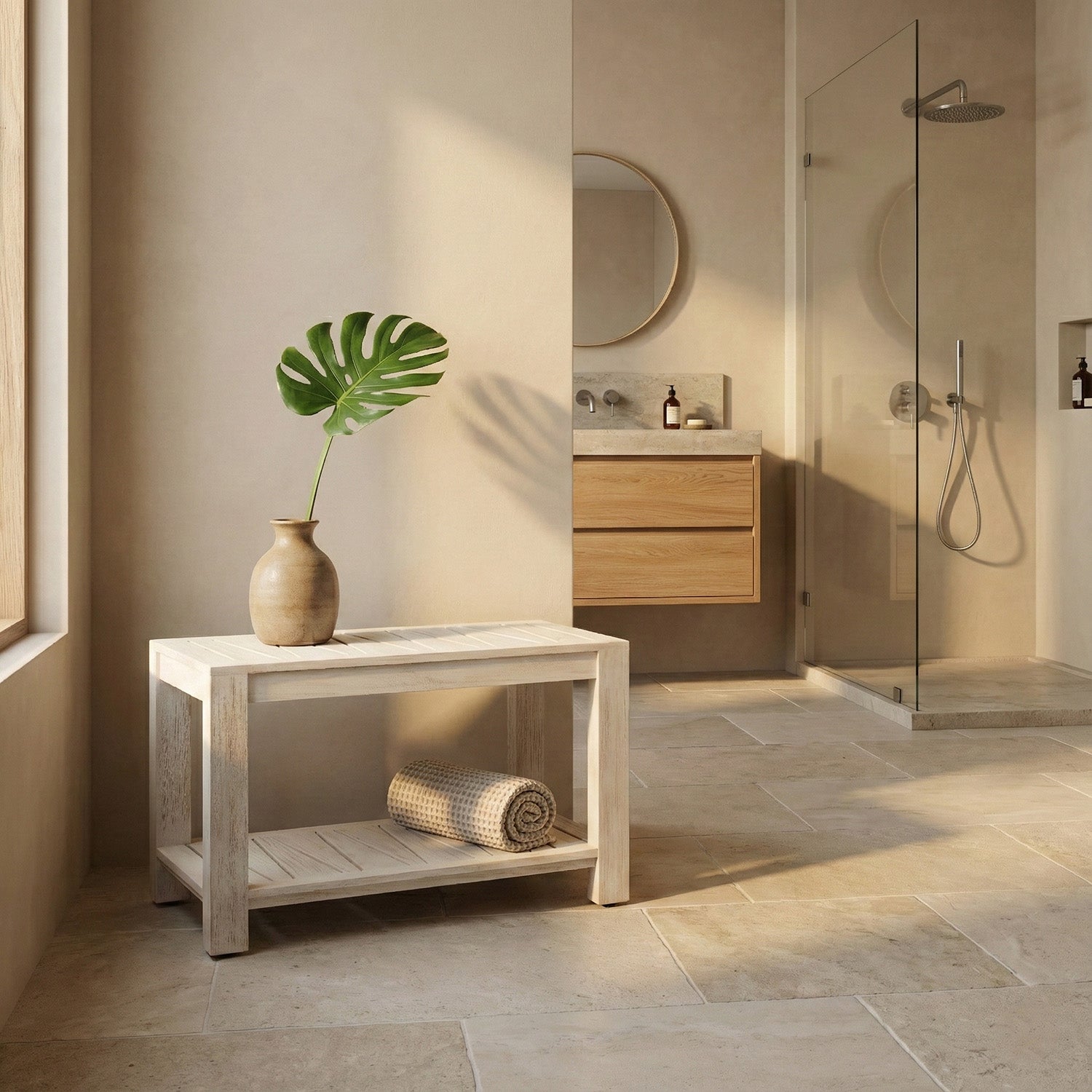 TeakCraft Teak Shower Bench with Storage Shelf, 30 inch, Rustic Grey Handmade Solid Indonesian Teak Wood Bath Stool, Indoor Outdoor, The Sitara