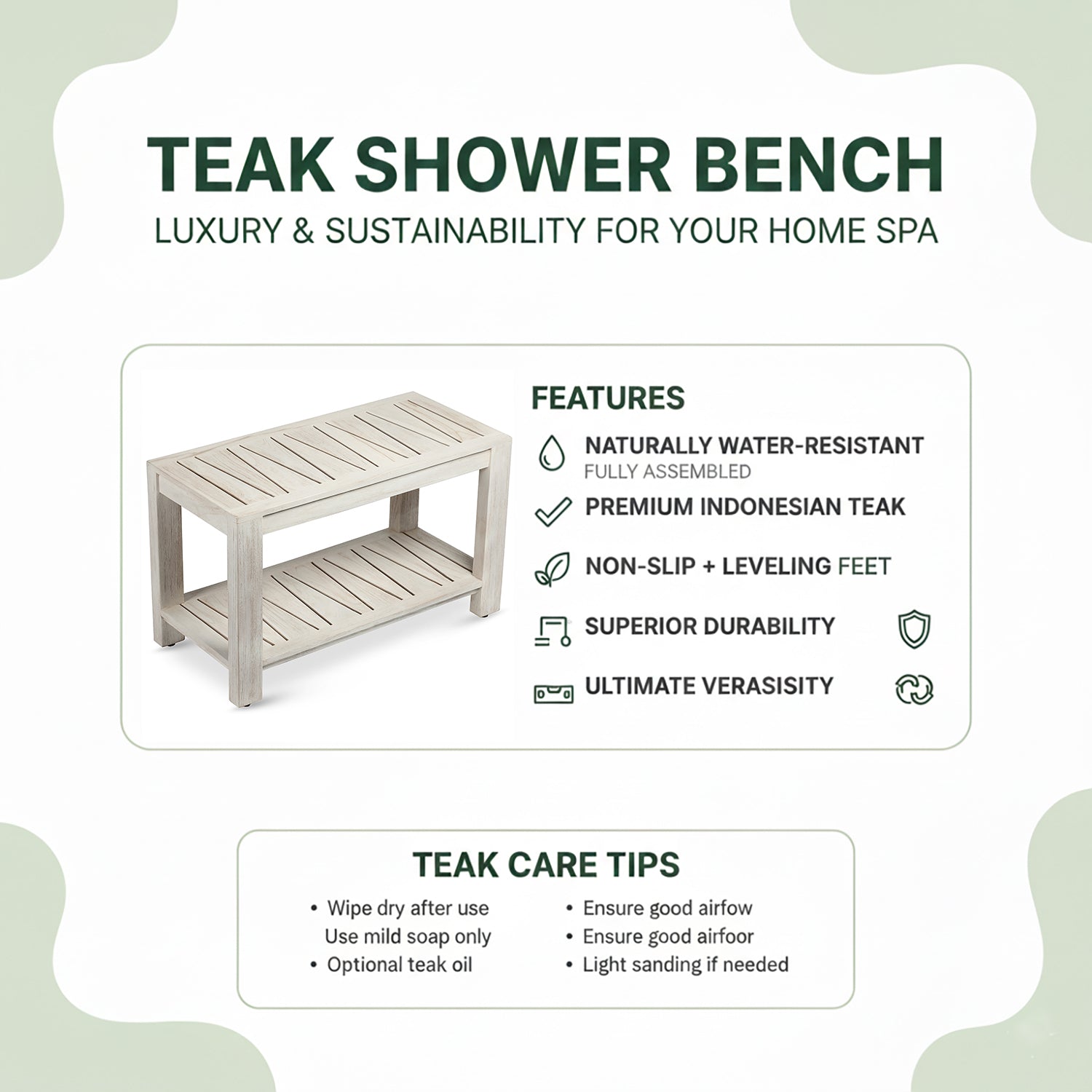 TeakCraft Teak Shower Bench with Storage Shelf, 30 inch, Rustic Grey Handmade Solid Indonesian Teak Wood Bath Stool, Indoor Outdoor, The Sitara