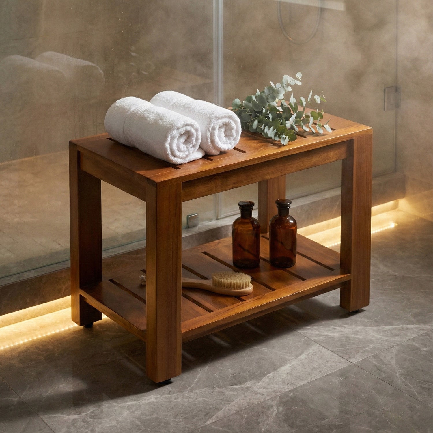 TeakCraft Teak Shower Bench with Storage Shelf, 24 inch, Handmade Solid Indonesian Teak Wood Bath Stool, Indoor Outdoor, The Tara