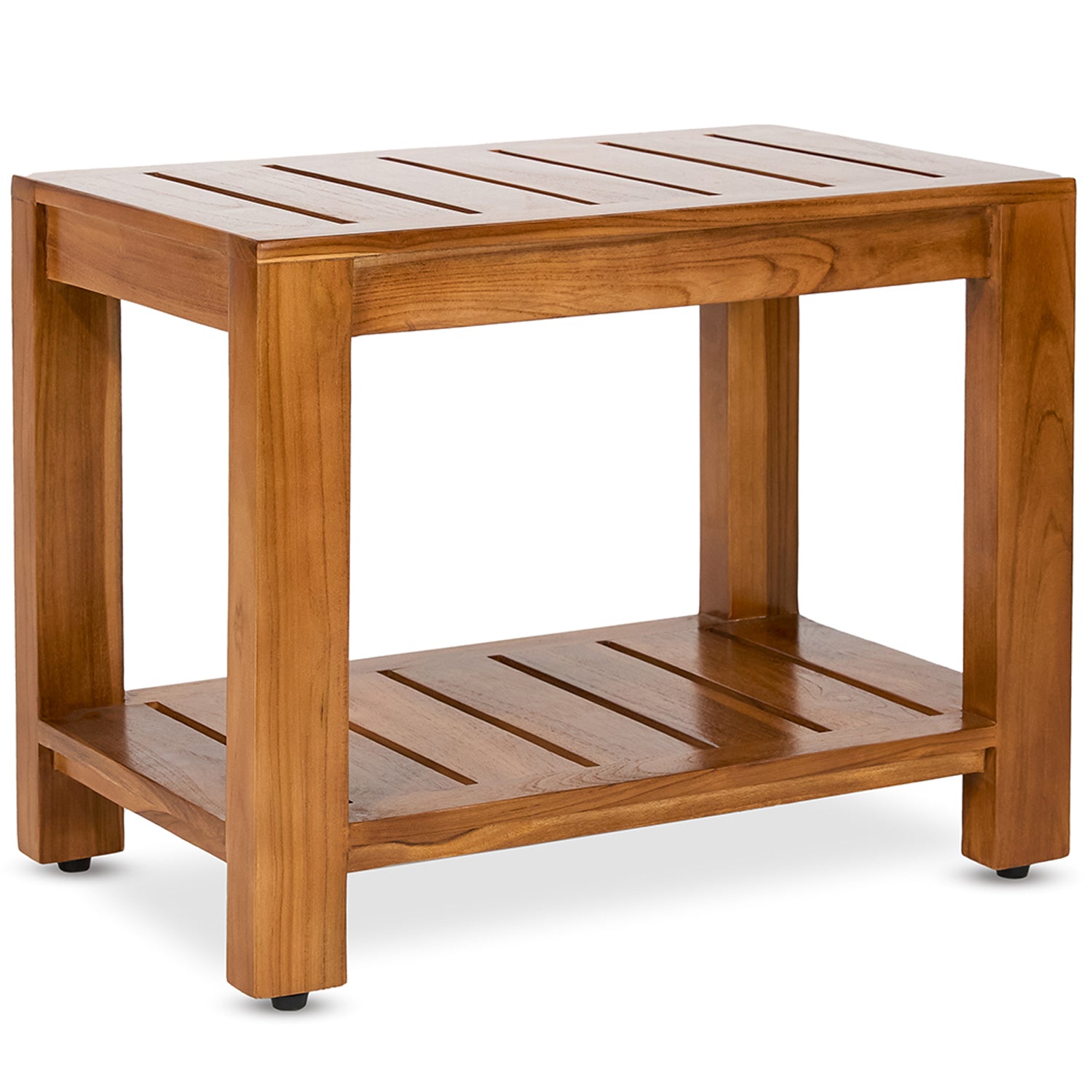 TeakCraft Teak Shower Bench with Storage Shelf, 24 inch, Handmade Solid Indonesian Teak Wood Bath Stool, Indoor Outdoor, The Tara