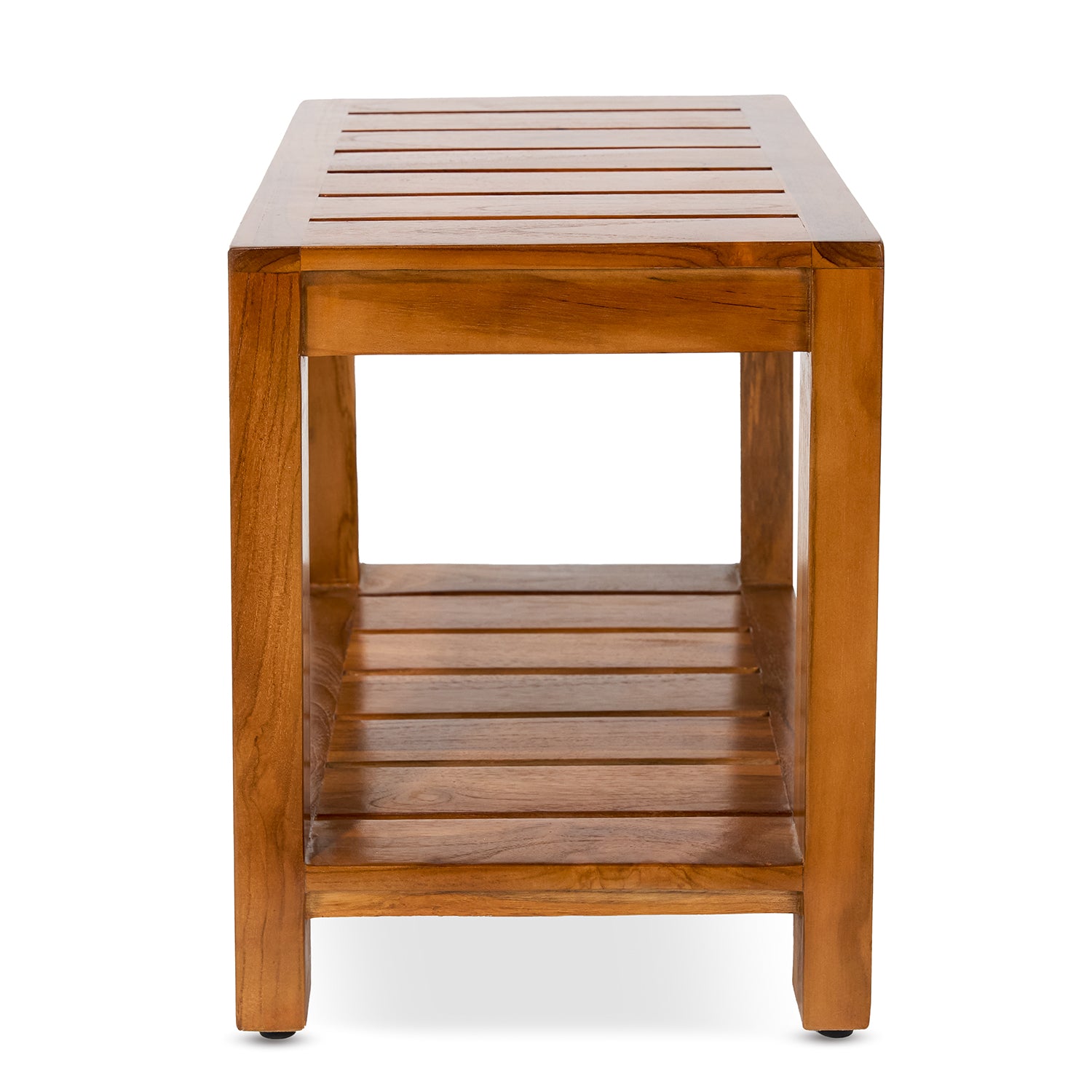 TeakCraft Teak Shower Bench with Storage Shelf, 24 inch, Handmade Solid Indonesian Teak Wood Bath Stool, Indoor Outdoor, The Tara