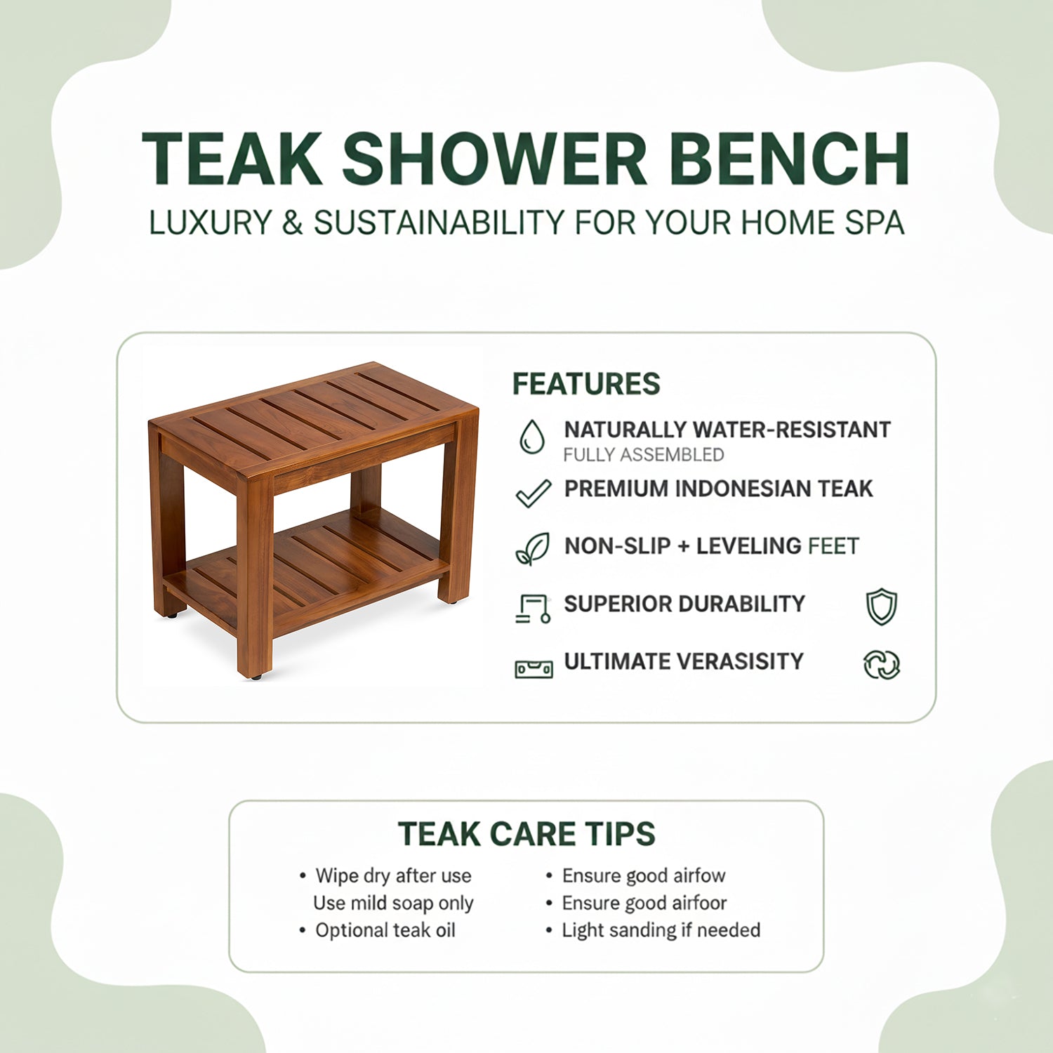 TeakCraft Teak Shower Bench with Storage Shelf, 24 inch, Handmade Solid Indonesian Teak Wood Bath Stool, Indoor Outdoor, The Tara