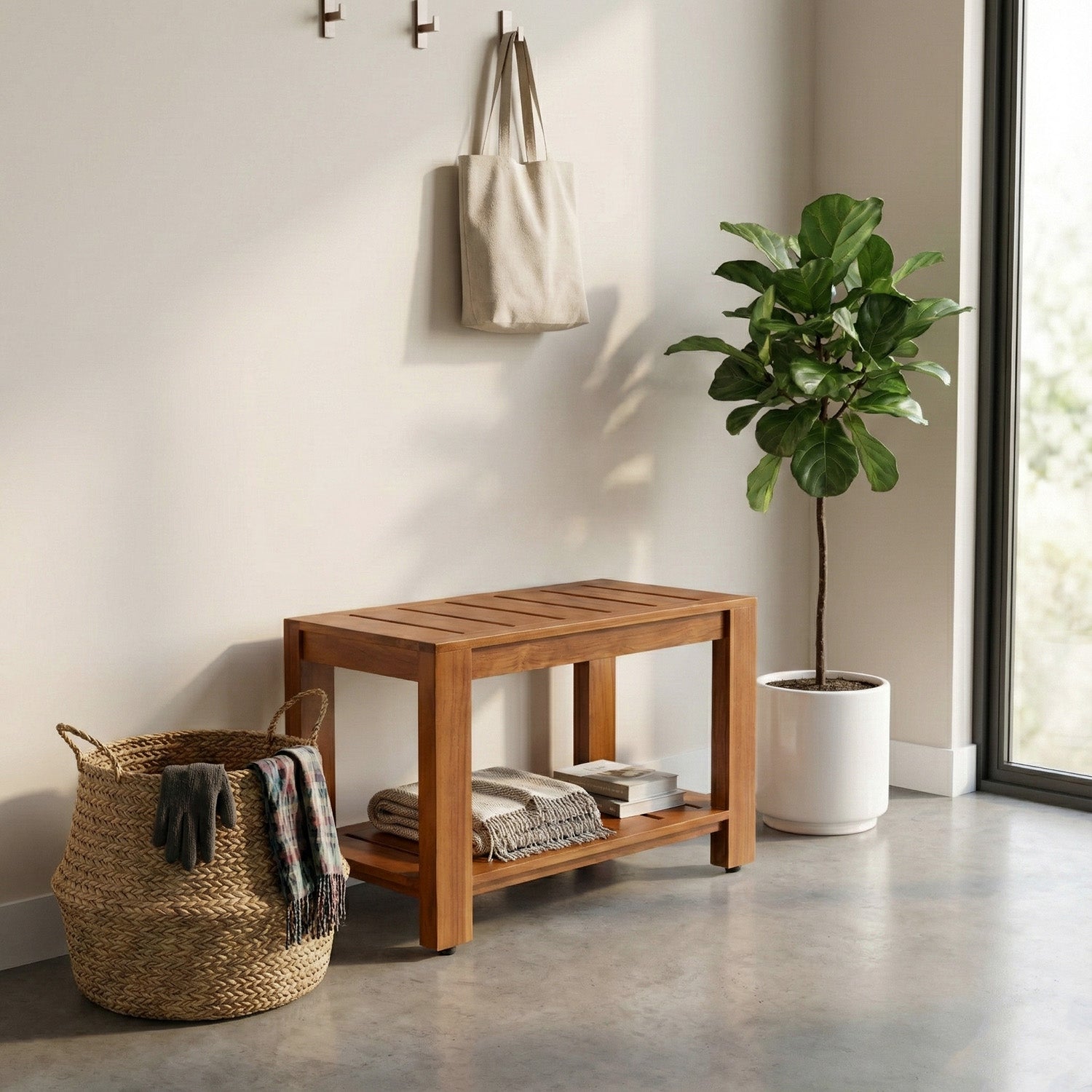 TeakCraft Teak Shower Bench with Storage Shelf, 24 inch, Handmade Solid Indonesian Teak Wood Bath Stool, Indoor Outdoor, The Tara