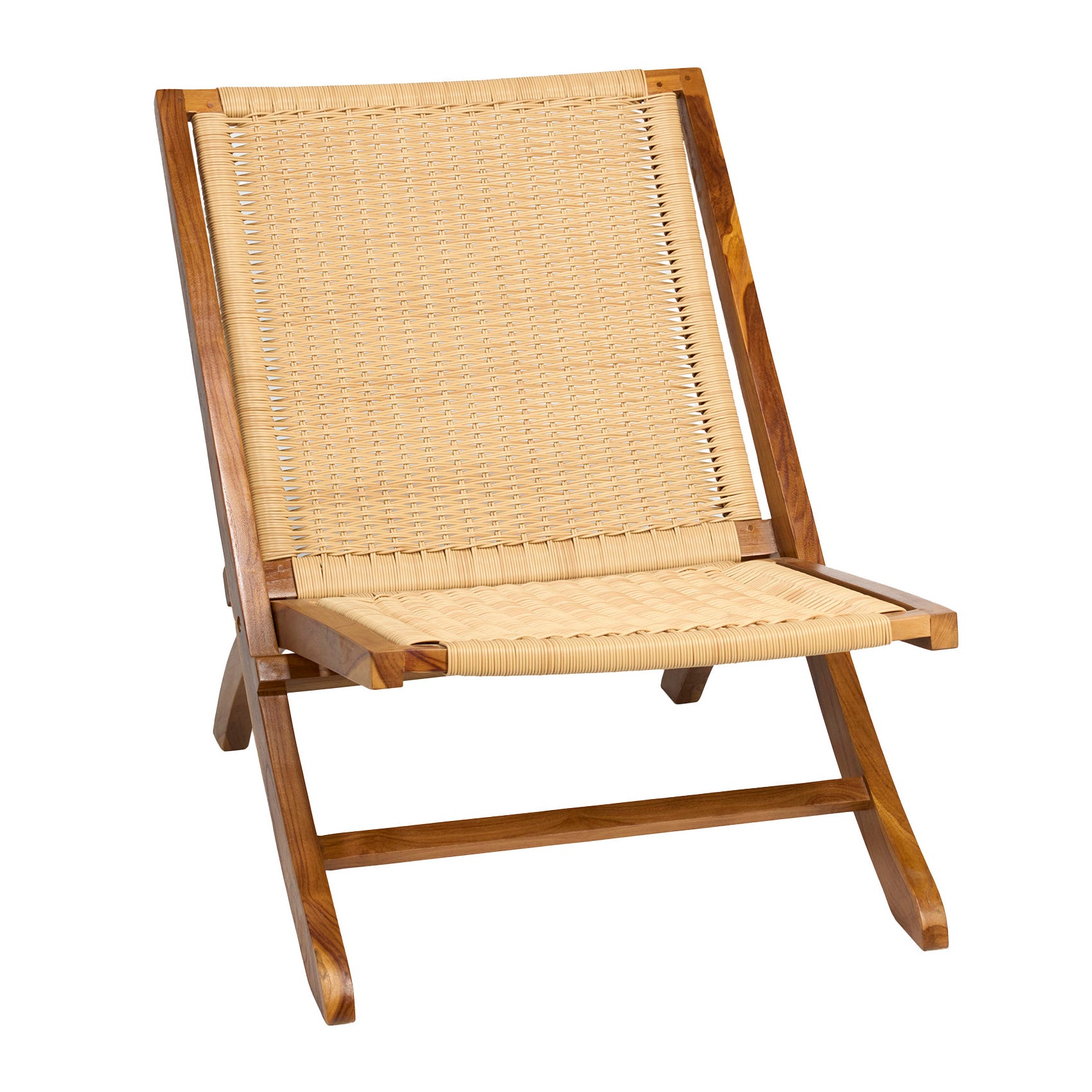 Teak Rattan Lounge Chair – Foldable, Solid Wood Accent Chair with Woven Seat – Mid-Century Modern Recliner for Indoor & Outdoor Use, The Ediz