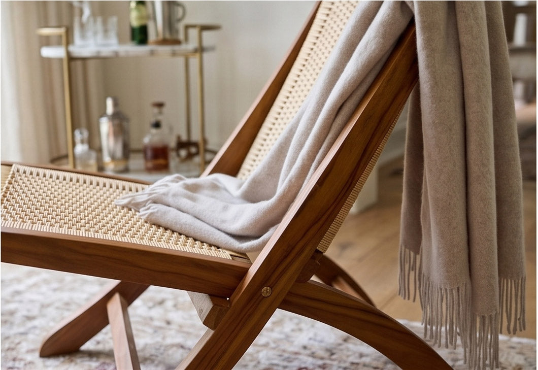 Teak Rattan Lounge Chair – Foldable, Solid Wood Accent Chair with Woven Seat – Mid-Century Modern Recliner for Indoor & Outdoor Use, The Ediz