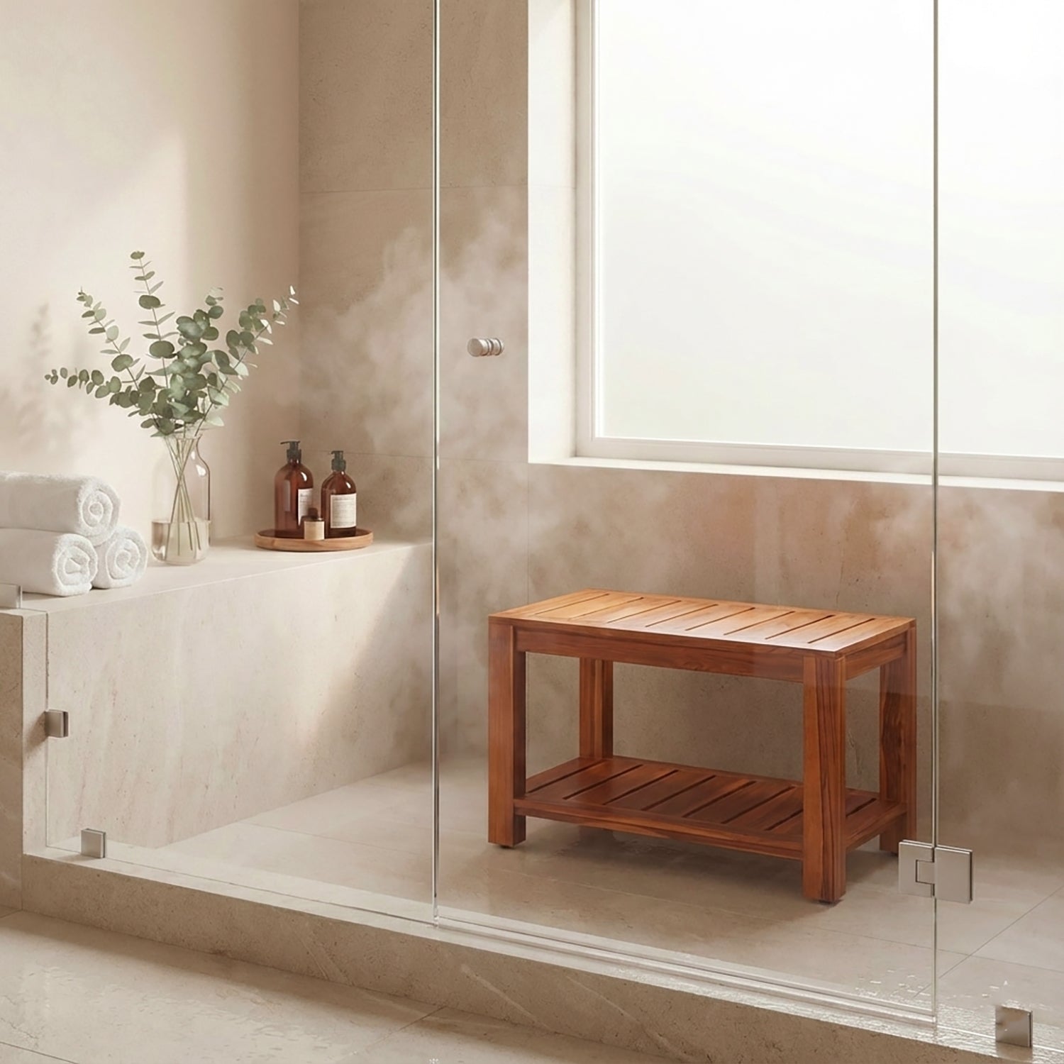 TeakCraft Teak Shower Bench with Storage Shelf, 30 inch, Handmade Solid Indonesian Teak Wood Bath Stool, Indoor Outdoor, The Tien