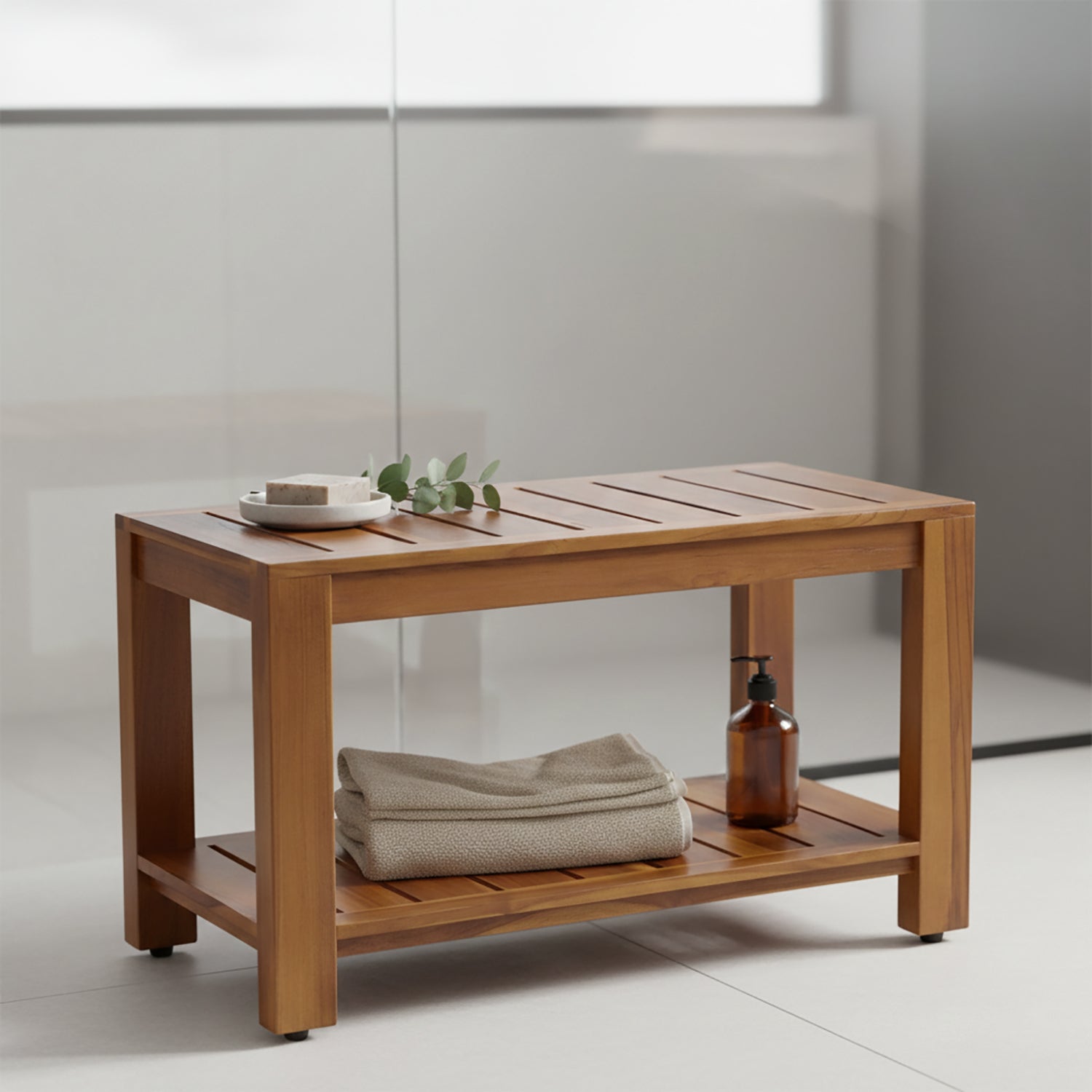 TeakCraft Teak Shower Bench with Storage Shelf, 30 inch, Handmade Solid Indonesian Teak Wood Bath Stool, Indoor Outdoor, The Tien