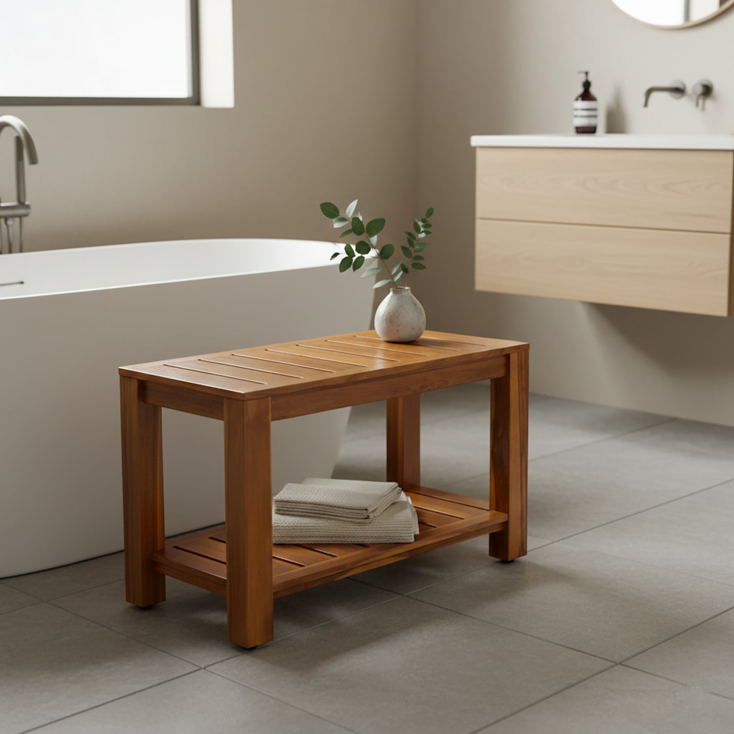 TeakCraft Teak Shower Bench with Storage Shelf, 30 inch, Handmade Solid Indonesian Teak Wood Bath Stool, Indoor Outdoor, The Tien