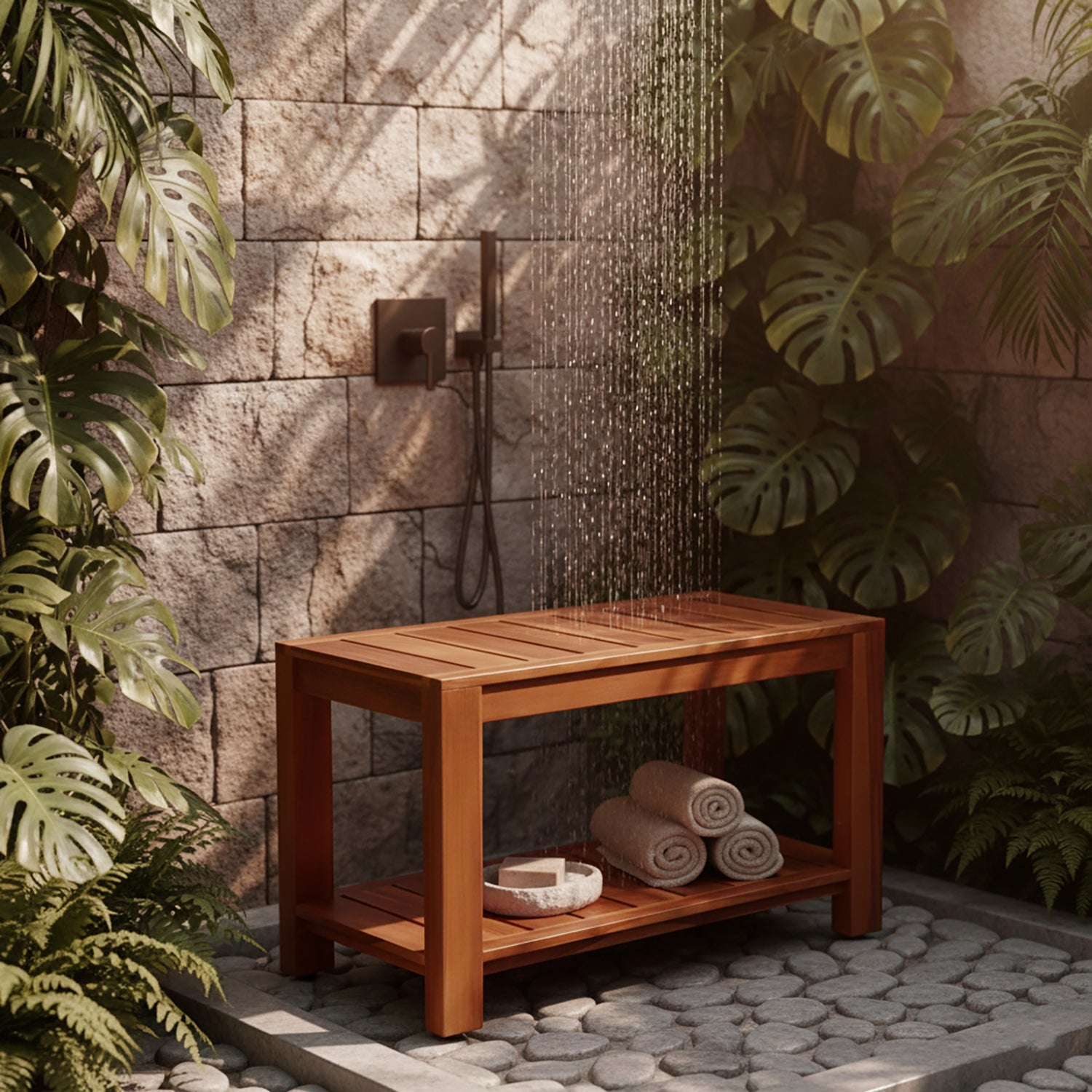 TeakCraft Teak Shower Bench with Storage Shelf, 30 inch, Handmade Solid Indonesian Teak Wood Bath Stool, Indoor Outdoor, The Tien