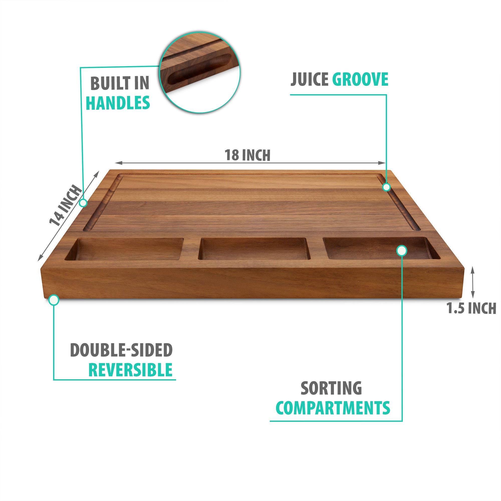TeakCraft Large Walnut Cutting Board with Sorting Compartment and Juice Grove, Chopping Board, Knife Friendly, Reversible, Cheese and Cracker Board, The Didyma (18x14x1.5 inch)