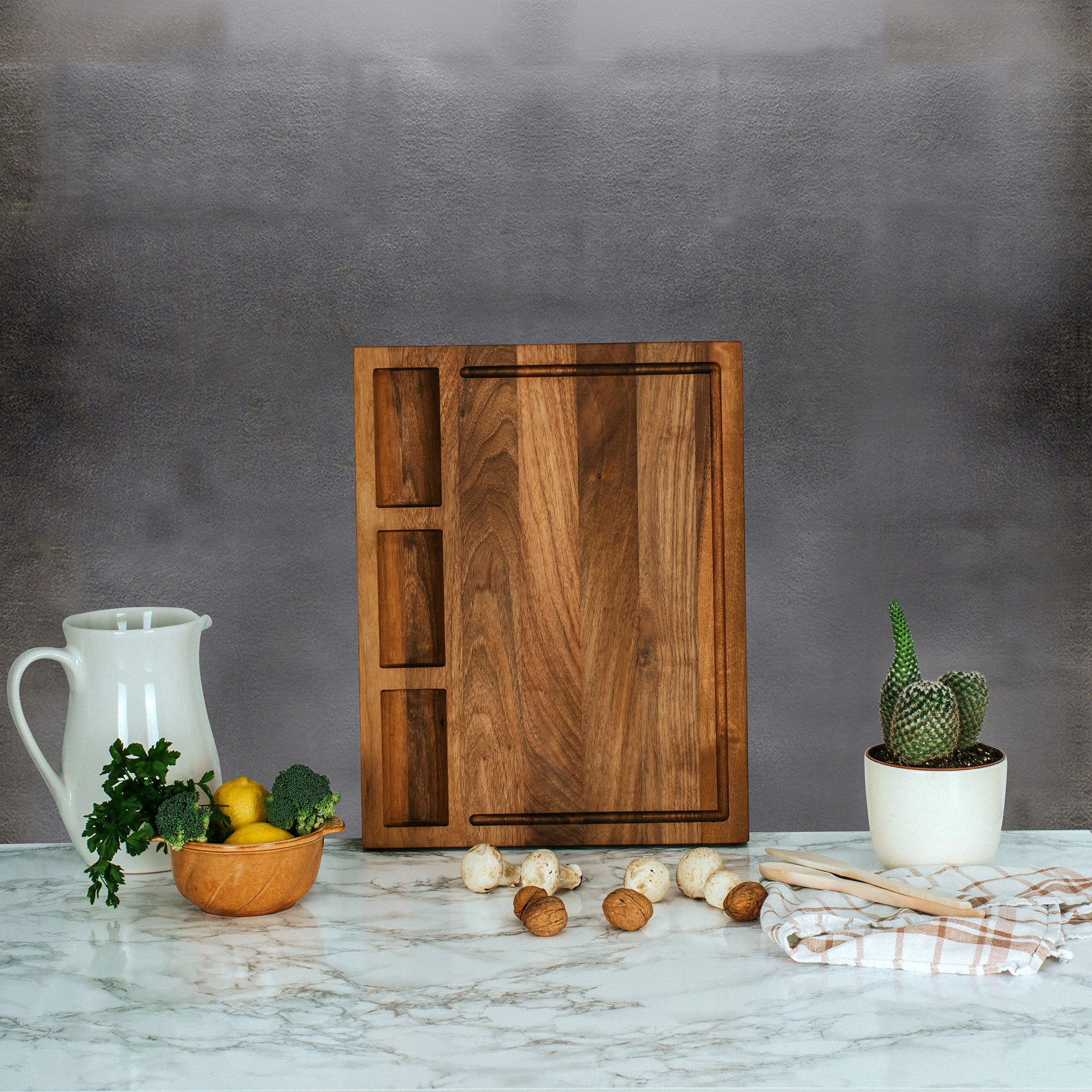 TeakCraft Large Walnut Cutting Board with Sorting Compartment and Juice Grove, Chopping Board, Knife Friendly, Reversible, Cheese and Cracker Board, The Didyma (18x14x1.5 inch)