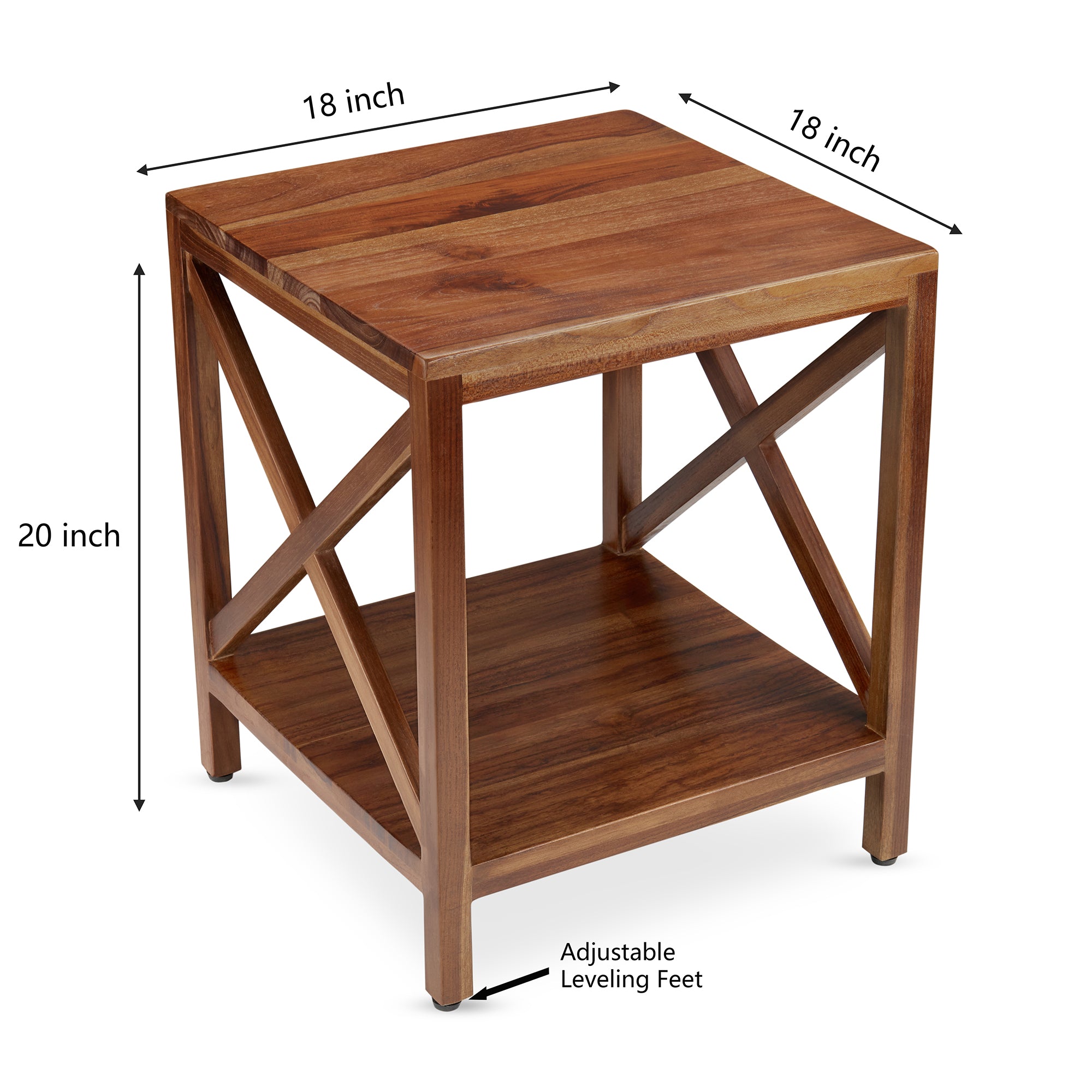 TeakCraft Teak End Table with Shelf, Solid Teak Wood, Fully Assembled, X Cross Stretcher, Living Room or Outdoor, Wood Square Side Accent Living Room Small End Table, The Frigg