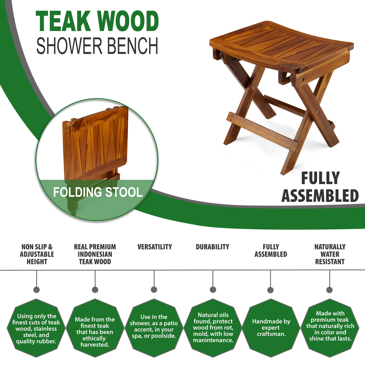 TeakCraft, The FAROS, Folding Teak Shower Bench, Shower Stool 18 inch