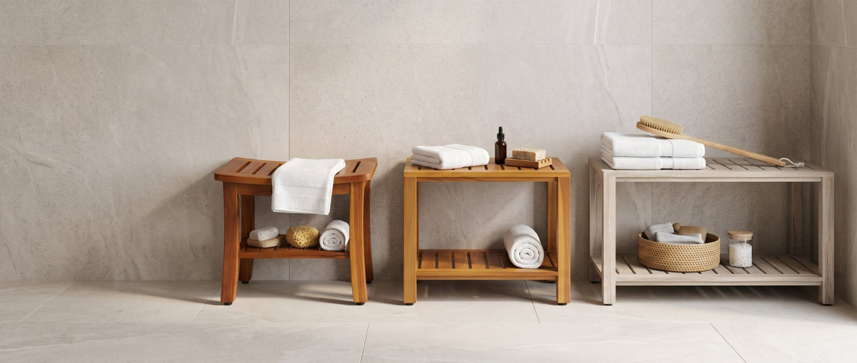 Hermod 21 inch, Eske 24 inch and Ricina 30 inch teak shower benches side by side