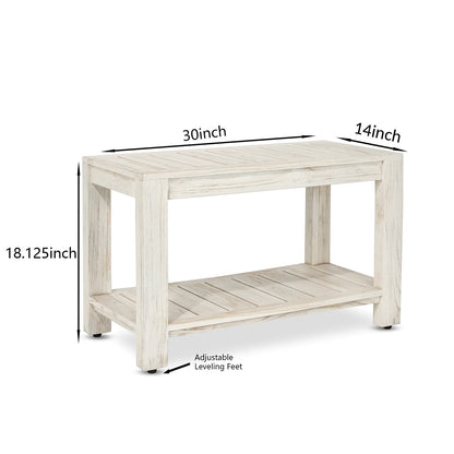 Danica teak shower bench dimensions 30 x 14 x 18.125 inches with adjustable leveling feet