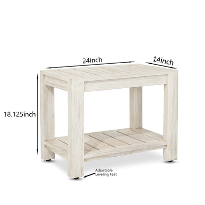 Elera teak shower bench dimensions 24 x 14 x 18.125 inches with adjustable leveling feet