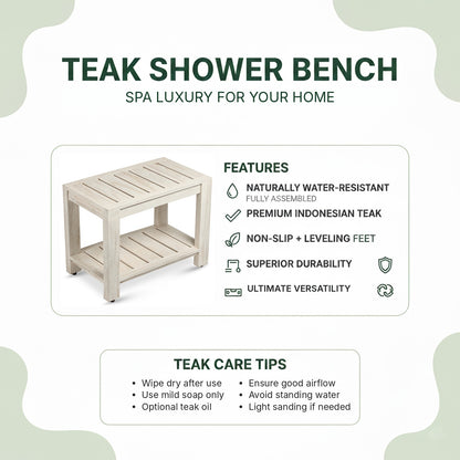 Elera teak shower bench features and teak care tips