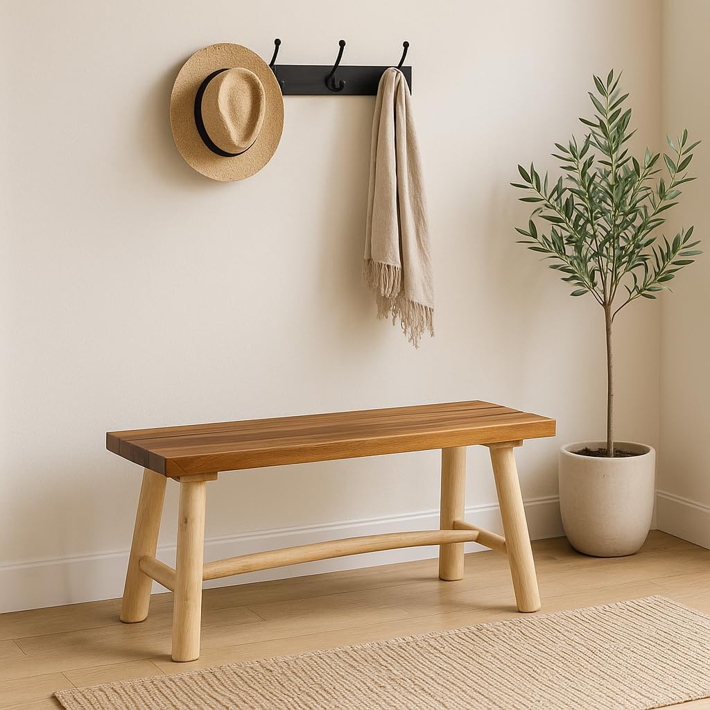 Teak Wood Bench – Indoor & Outdoor Bench for Entryway, Patio & Living Room – Rustic Farmhouse & Modern Accent Furniture, Easy Assembly, The Capella