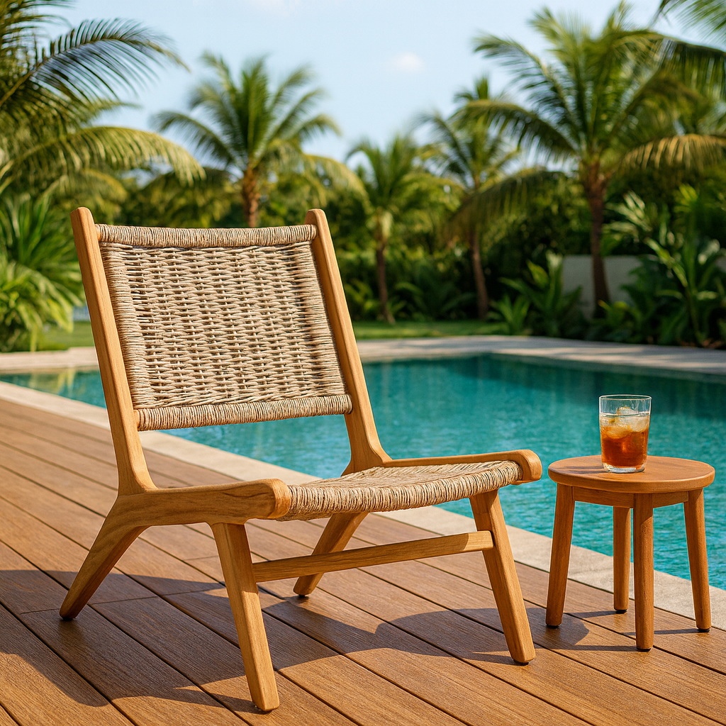 TeakCraft Teak Rattan Lounge Bench, Easy Assembly,  Indoor Outdoor Loveseat Bench with Solid Teak Wood Frame, The Vega