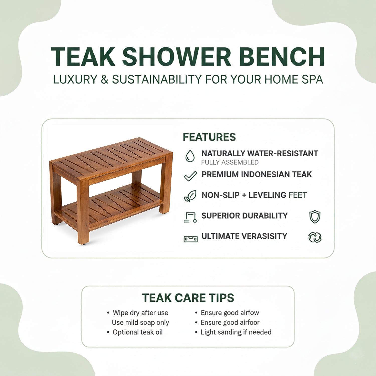 TeakCraft Teak Shower Bench with Storage Shelf, 30 inch, Handmade Solid Indonesian Teak Wood Bath Stool, Indoor Outdoor, The Botein
