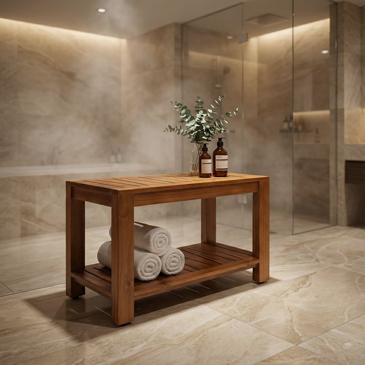 TeakCraft Teak Shower Bench with Storage Shelf, 30 inch, Handmade Solid Indonesian Teak Wood Bath Stool, Indoor Outdoor, The Botein