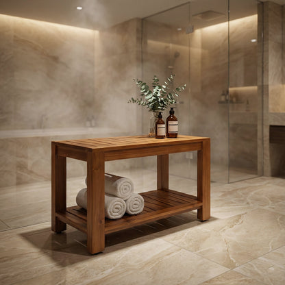 TeakCraft Teak Shower Bench with Storage Shelf, 30 inch, Handmade Solid Indonesian Teak Wood Bath Stool, Indoor Outdoor, The Botein