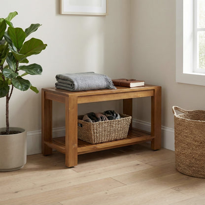 TeakCraft Teak Shower Bench with Storage Shelf, 30 inch, Handmade Solid Indonesian Teak Wood Bath Stool, Indoor Outdoor, The Botein