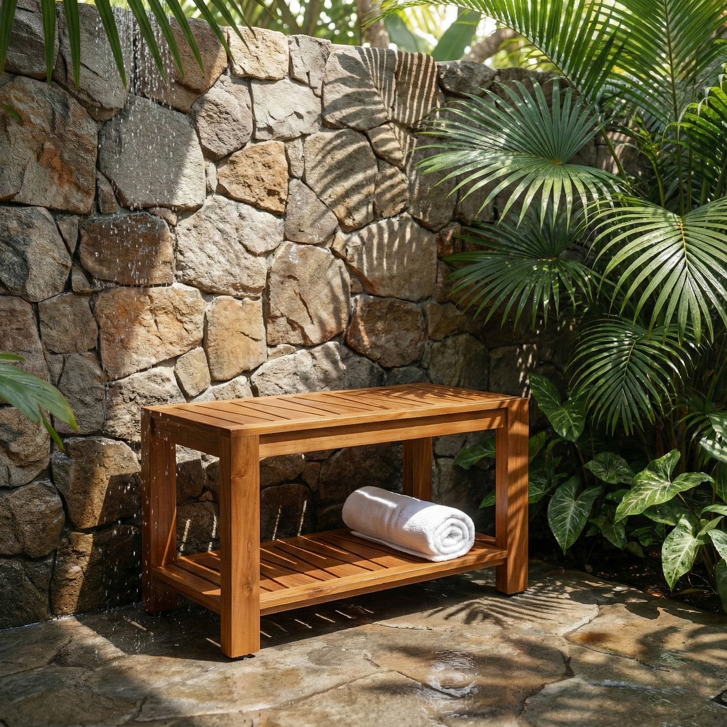 TeakCraft Teak Shower Bench with Storage Shelf, 30 inch, Handmade Solid Indonesian Teak Wood Bath Stool, Indoor Outdoor, The Botein