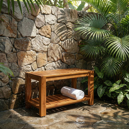 TeakCraft Teak Shower Bench with Storage Shelf, 30 inch, Handmade Solid Indonesian Teak Wood Bath Stool, Indoor Outdoor, The Botein