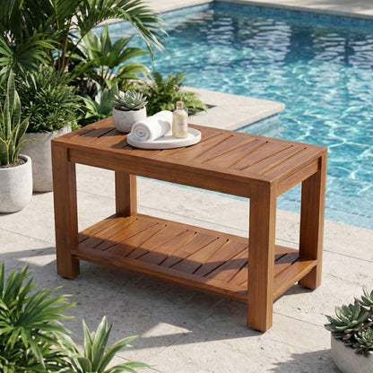 TeakCraft Teak Shower Bench with Storage Shelf, 30 inch, Handmade Solid Indonesian Teak Wood Bath Stool, Indoor Outdoor, The Botein